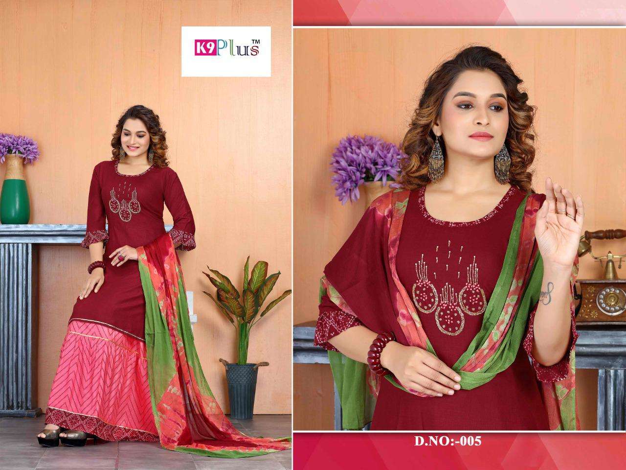 RIOUS BY K9 PLUS 001 TO 008 SERIES BEAUTIFUL SHARARA SUITS COLORFUL STYLISH FANCY CASUAL WEAR & ETHNIC WEAR HEAVY RAYON EMBROIDERED DRESSES AT WHOLESALE PRICE