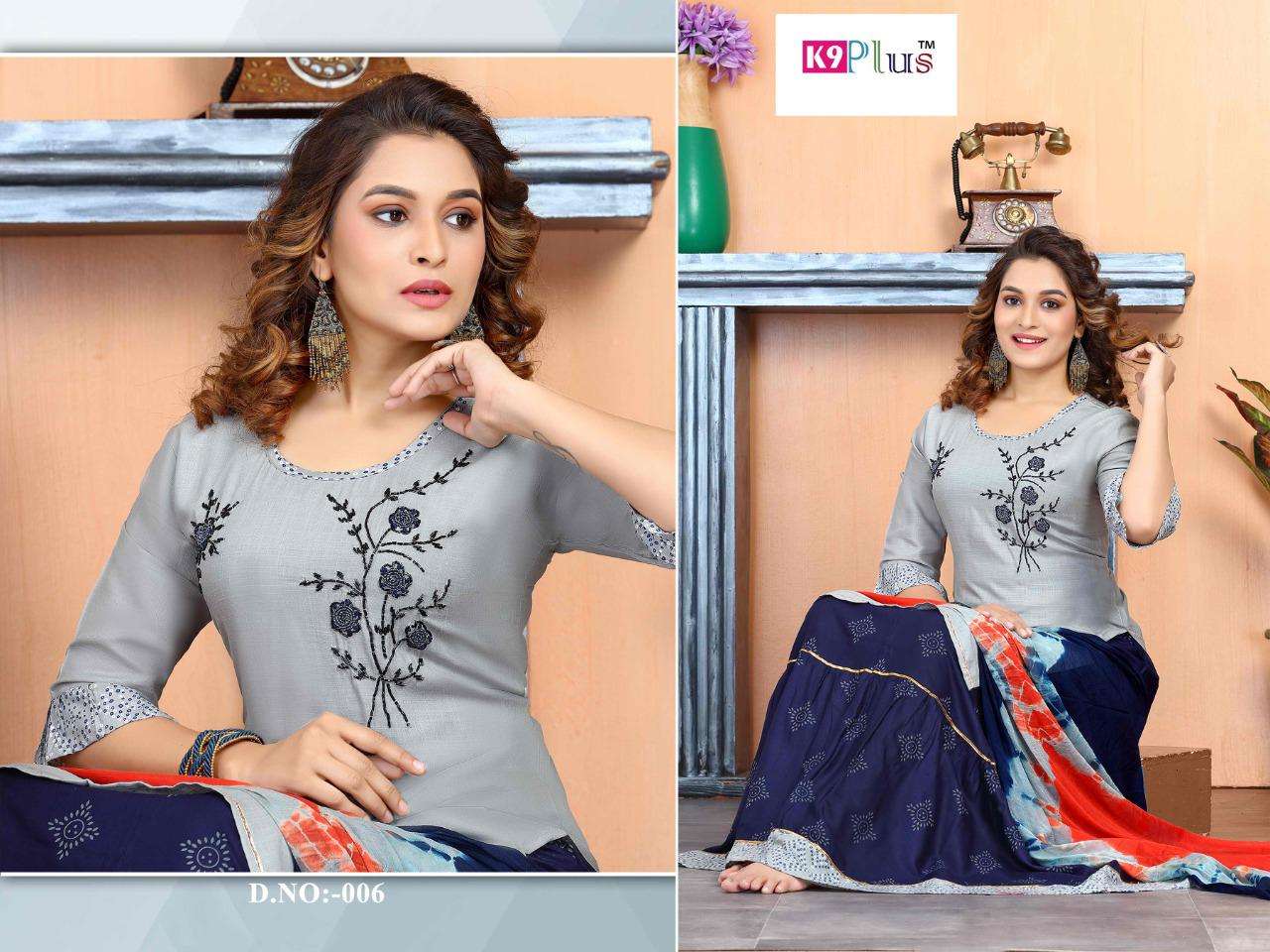 RIOUS BY K9 PLUS 001 TO 008 SERIES BEAUTIFUL SHARARA SUITS COLORFUL STYLISH FANCY CASUAL WEAR & ETHNIC WEAR HEAVY RAYON EMBROIDERED DRESSES AT WHOLESALE PRICE