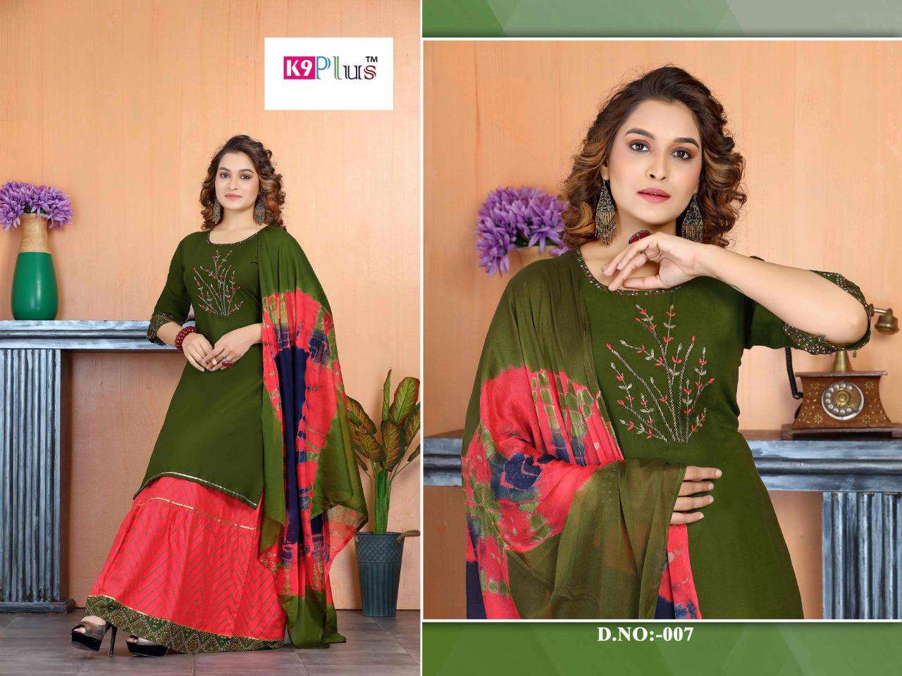 RIOUS BY K9 PLUS 001 TO 008 SERIES BEAUTIFUL SHARARA SUITS COLORFUL STYLISH FANCY CASUAL WEAR & ETHNIC WEAR HEAVY RAYON EMBROIDERED DRESSES AT WHOLESALE PRICE