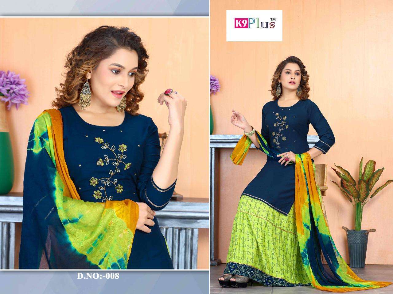 RIOUS BY K9 PLUS 001 TO 008 SERIES BEAUTIFUL SHARARA SUITS COLORFUL STYLISH FANCY CASUAL WEAR & ETHNIC WEAR HEAVY RAYON EMBROIDERED DRESSES AT WHOLESALE PRICE