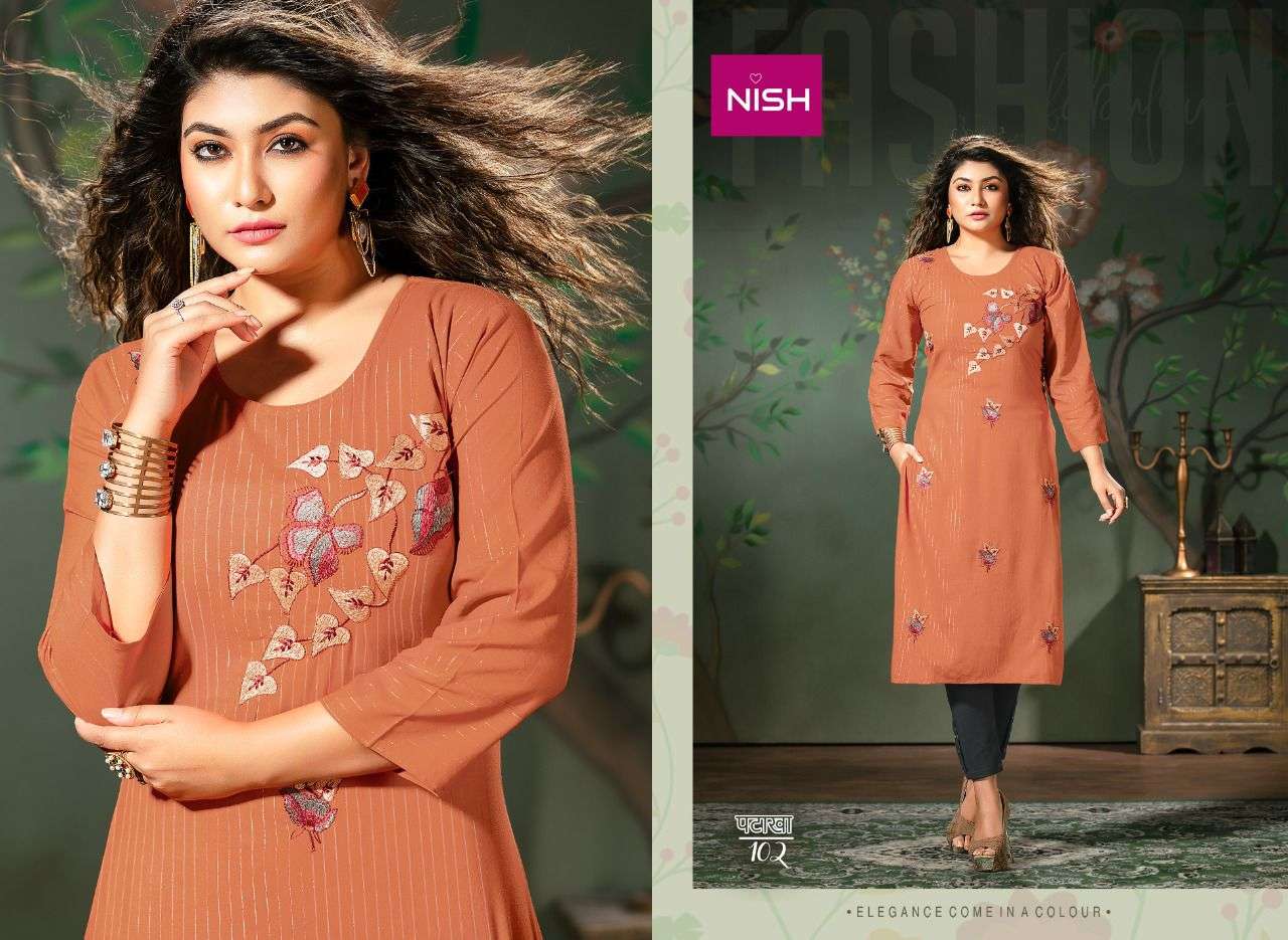 PATAKHA BY NISH 101 TO 108 SERIES DESIGNER STYLISH FANCY COLORFUL BEAUTIFUL PARTY WEAR & ETHNIC WEAR COLLECTION RAYON WITH WORK KURTIS WITH BOTTOM AT WHOLESALE PRICE
