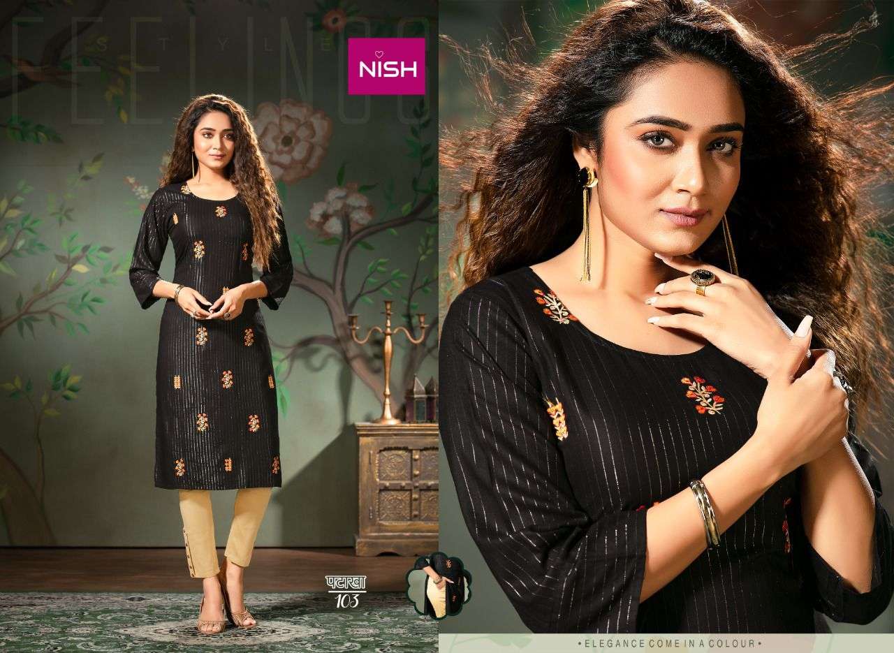 PATAKHA BY NISH 101 TO 108 SERIES DESIGNER STYLISH FANCY COLORFUL BEAUTIFUL PARTY WEAR & ETHNIC WEAR COLLECTION RAYON WITH WORK KURTIS WITH BOTTOM AT WHOLESALE PRICE