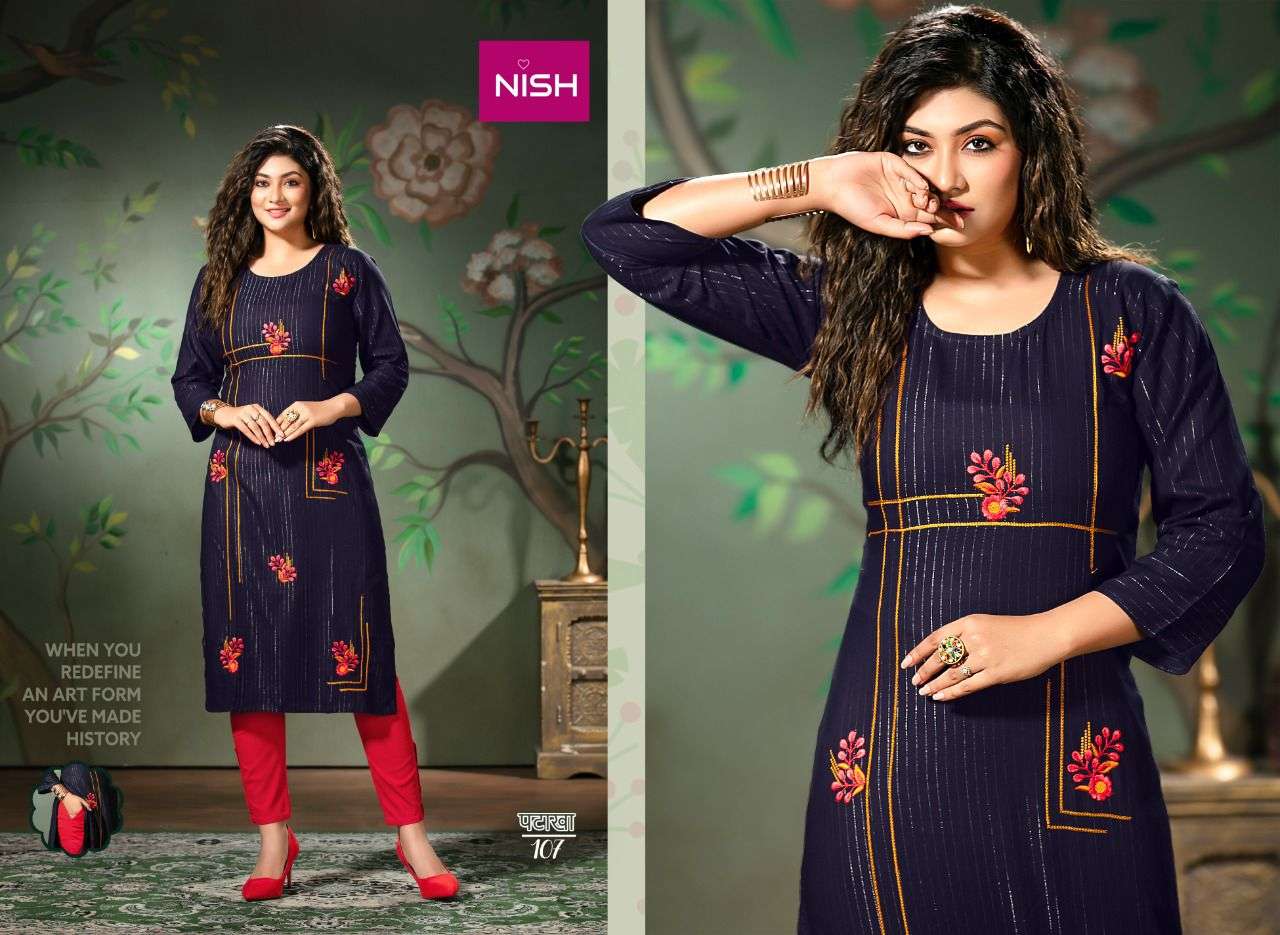 PATAKHA BY NISH 101 TO 108 SERIES DESIGNER STYLISH FANCY COLORFUL BEAUTIFUL PARTY WEAR & ETHNIC WEAR COLLECTION RAYON WITH WORK KURTIS WITH BOTTOM AT WHOLESALE PRICE