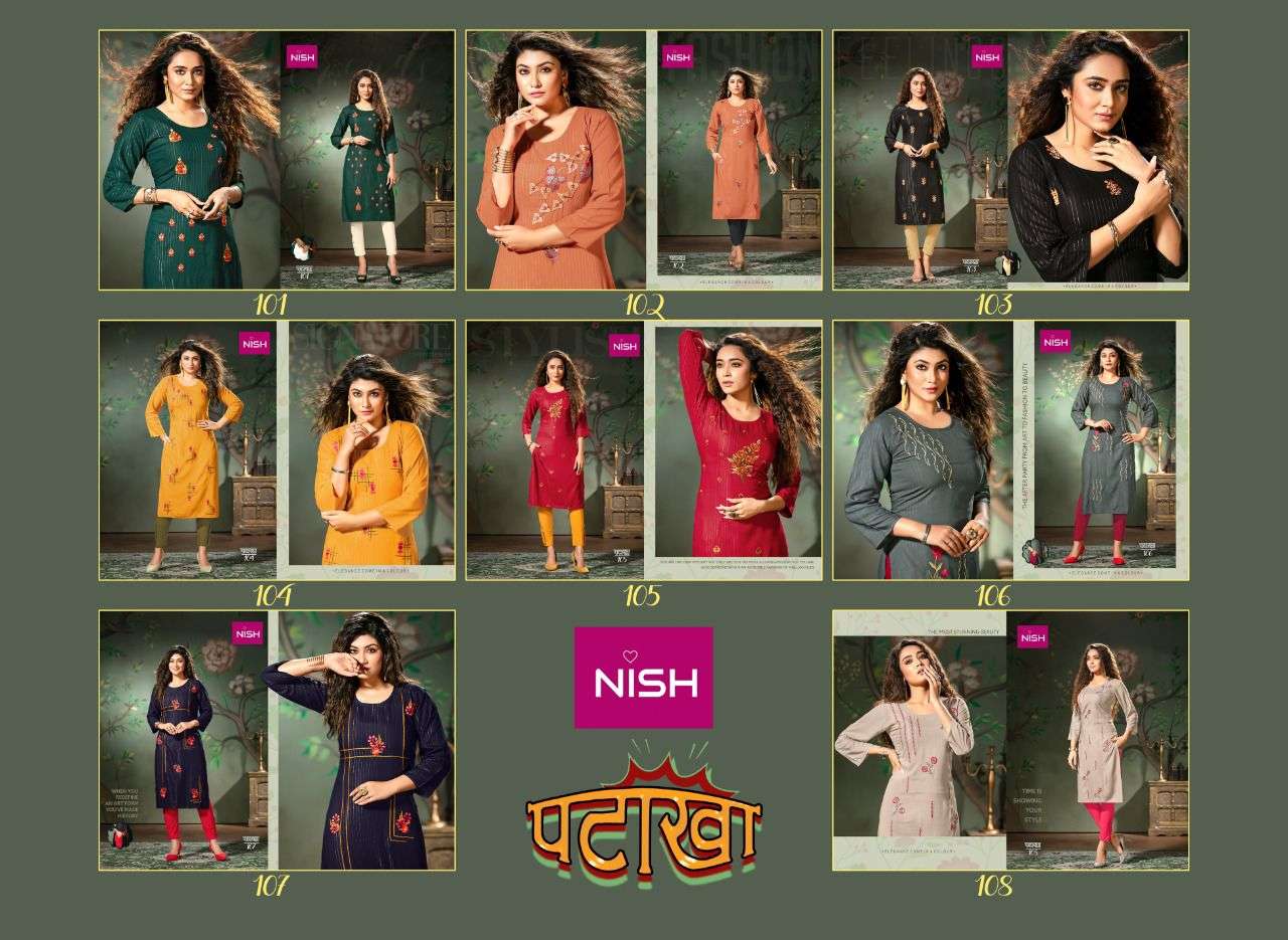 PATAKHA BY NISH 101 TO 108 SERIES DESIGNER STYLISH FANCY COLORFUL BEAUTIFUL PARTY WEAR & ETHNIC WEAR COLLECTION RAYON WITH WORK KURTIS WITH BOTTOM AT WHOLESALE PRICE