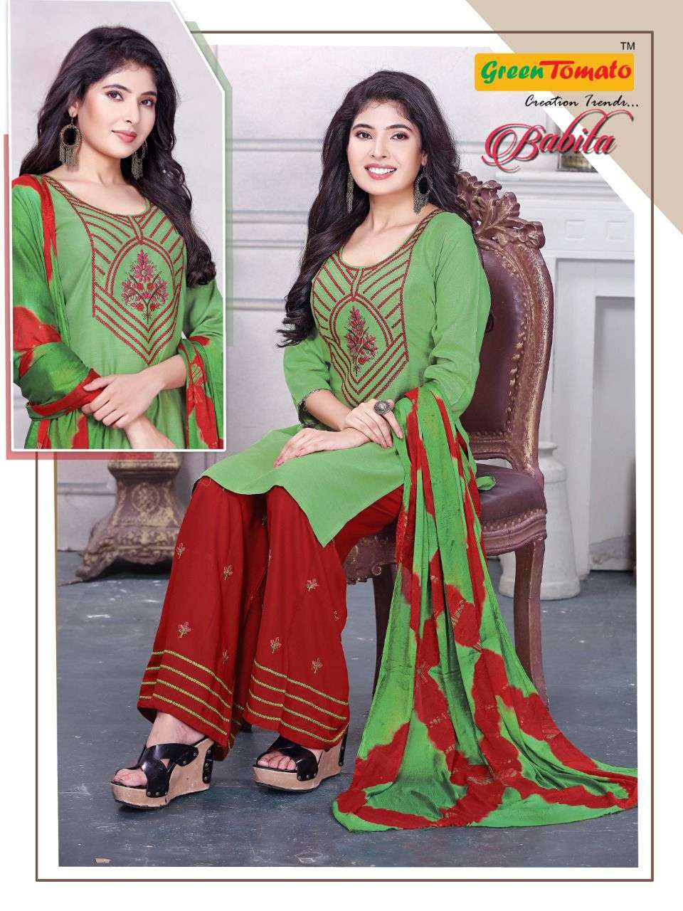 BABITA BY GREEN TOMATO 1 TO 8 SERIES BEAUTIFUL SUITS COLORFUL STYLISH FANCY CASUAL WEAR & ETHNIC WEAR RAYON EMBROIDERED DRESSES AT WHOLESALE PRICE