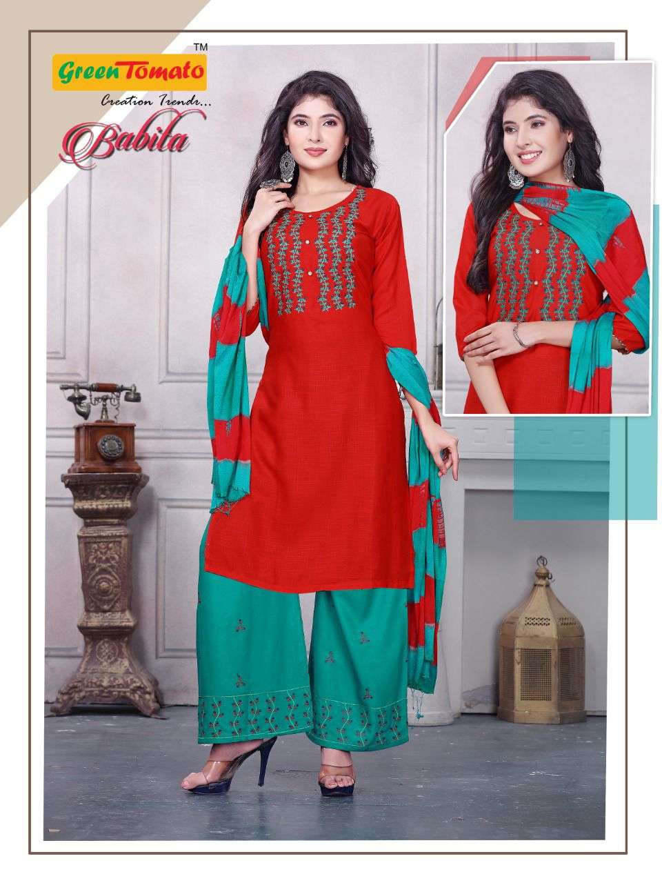 BABITA BY GREEN TOMATO 1 TO 8 SERIES BEAUTIFUL SUITS COLORFUL STYLISH FANCY CASUAL WEAR & ETHNIC WEAR RAYON EMBROIDERED DRESSES AT WHOLESALE PRICE