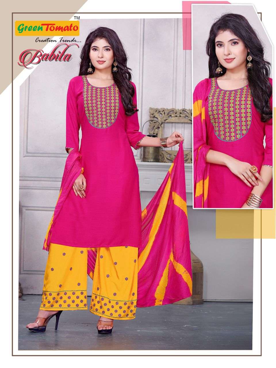 BABITA BY GREEN TOMATO 1 TO 8 SERIES BEAUTIFUL SUITS COLORFUL STYLISH FANCY CASUAL WEAR & ETHNIC WEAR RAYON EMBROIDERED DRESSES AT WHOLESALE PRICE