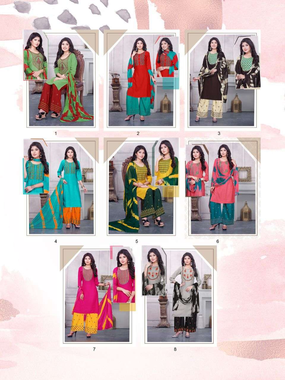 BABITA BY GREEN TOMATO 1 TO 8 SERIES BEAUTIFUL SUITS COLORFUL STYLISH FANCY CASUAL WEAR & ETHNIC WEAR RAYON EMBROIDERED DRESSES AT WHOLESALE PRICE