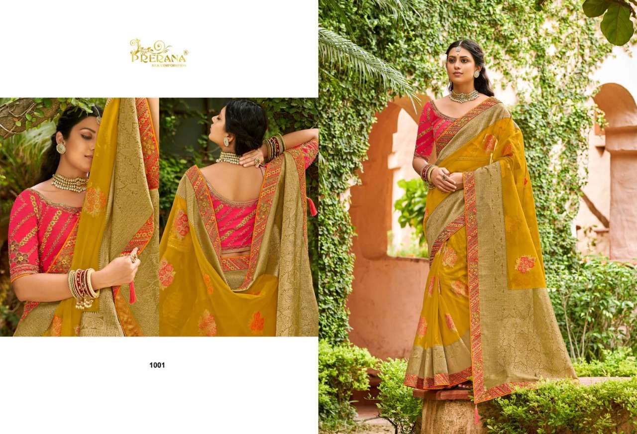 PRERANA 1001 SERIES BY PRERANA 1001 TO 1009 SERIES INDIAN TRADITIONAL WEAR COLLECTION BEAUTIFUL STYLISH FANCY COLORFUL PARTY WEAR & OCCASIONAL WEAR SILK SAREES AT WHOLESALE PRICE