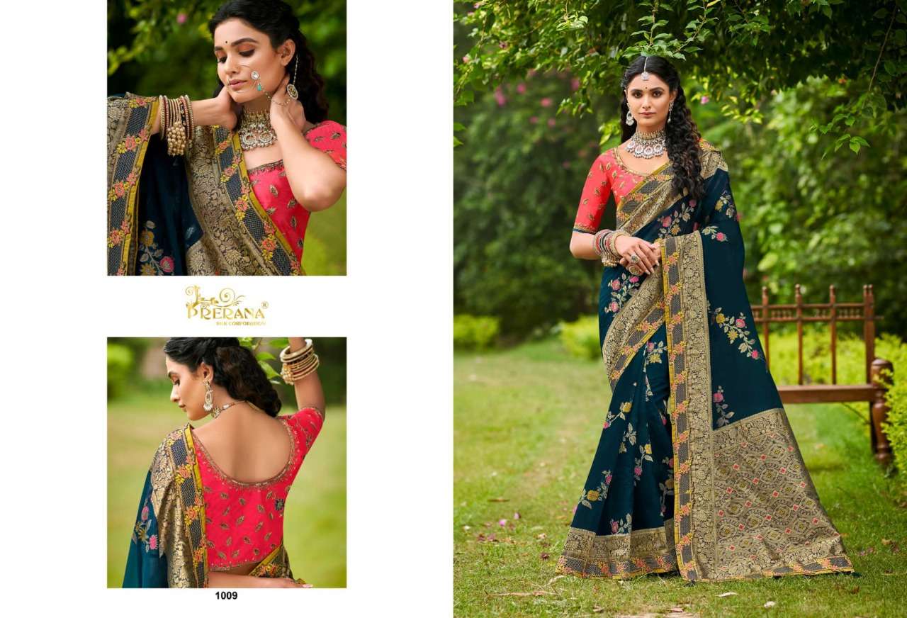PRERANA 1001 SERIES BY PRERANA 1001 TO 1009 SERIES INDIAN TRADITIONAL WEAR COLLECTION BEAUTIFUL STYLISH FANCY COLORFUL PARTY WEAR & OCCASIONAL WEAR SILK SAREES AT WHOLESALE PRICE