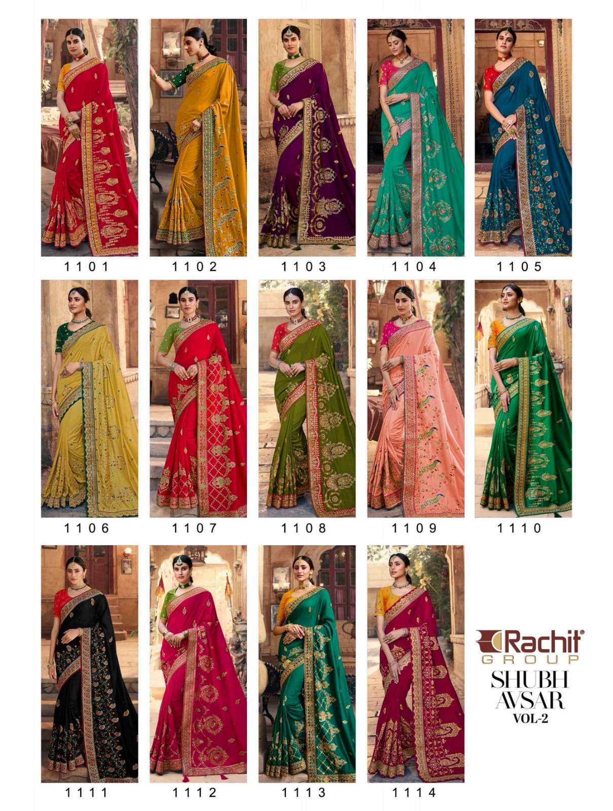 SHUBH AVSAR VOL-2 BY RACHIT 1101 TO 1114 SERIES COLORFUL BEAUTIFUL FANCY PARTY WEAR & TRADITIONAL WEAR FANCY SAREES AT WHOLESALE PRICE