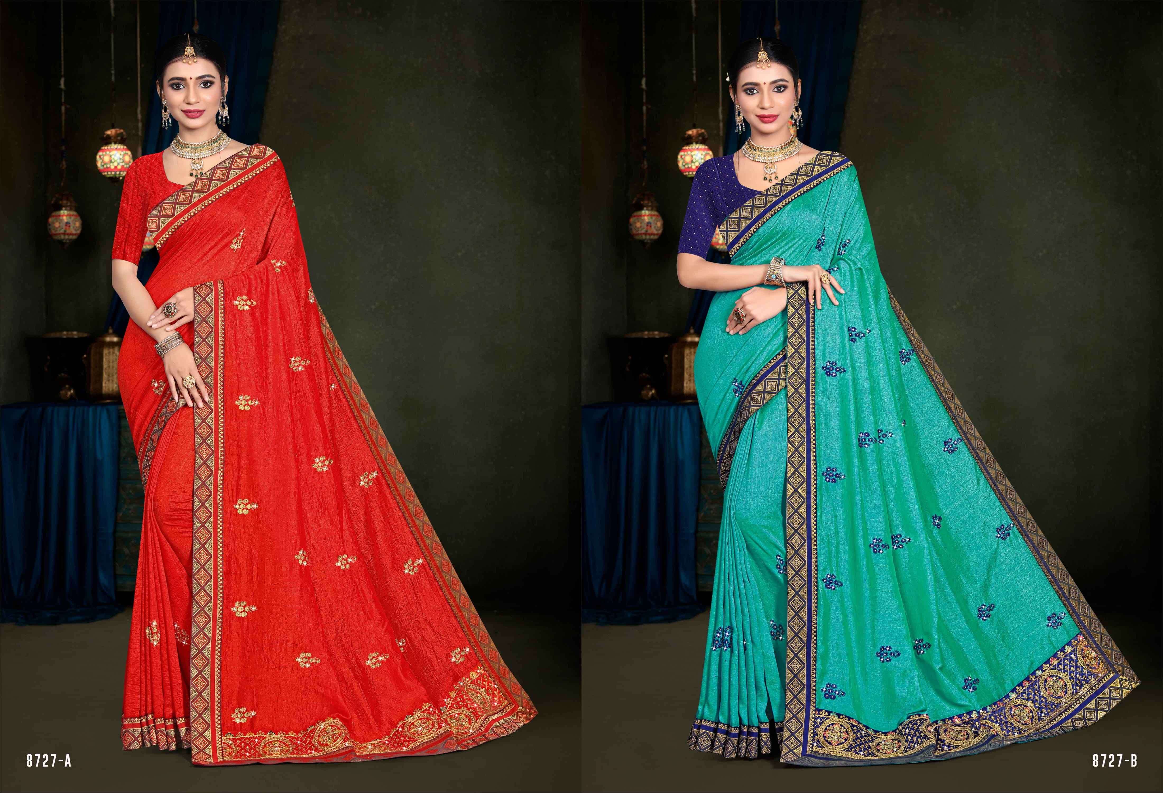 RAM NAGRI BY INDIAN WOMEN 8727-A TO 8727-F SERIES INDIAN TRADITIONAL WEAR COLLECTION BEAUTIFUL STYLISH FANCY COLORFUL PARTY WEAR & OCCASIONAL WEAR VICHITRA SILK SAREES AT WHOLESALE PRICE