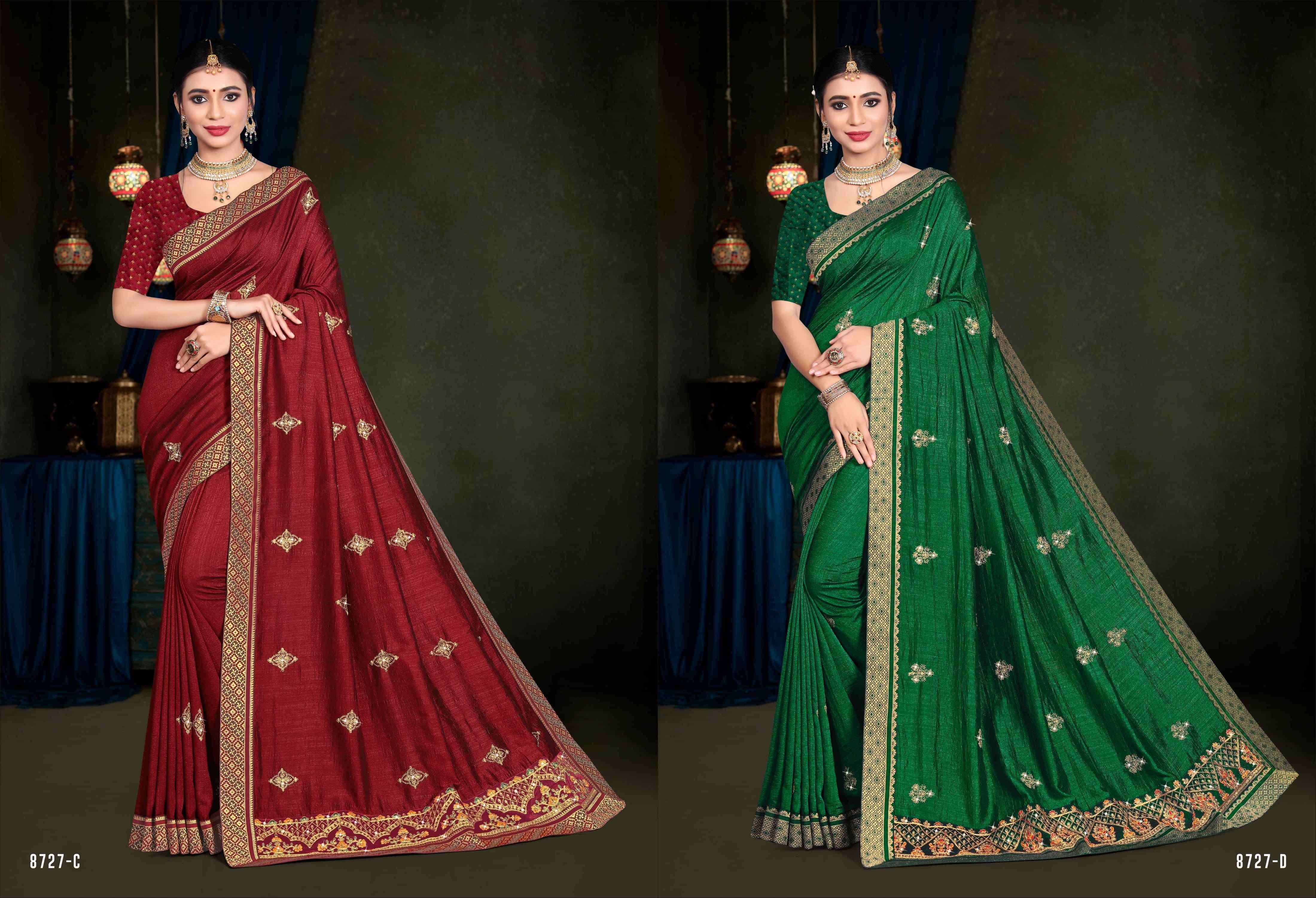 RAM NAGRI BY INDIAN WOMEN 8727-A TO 8727-F SERIES INDIAN TRADITIONAL WEAR COLLECTION BEAUTIFUL STYLISH FANCY COLORFUL PARTY WEAR & OCCASIONAL WEAR VICHITRA SILK SAREES AT WHOLESALE PRICE
