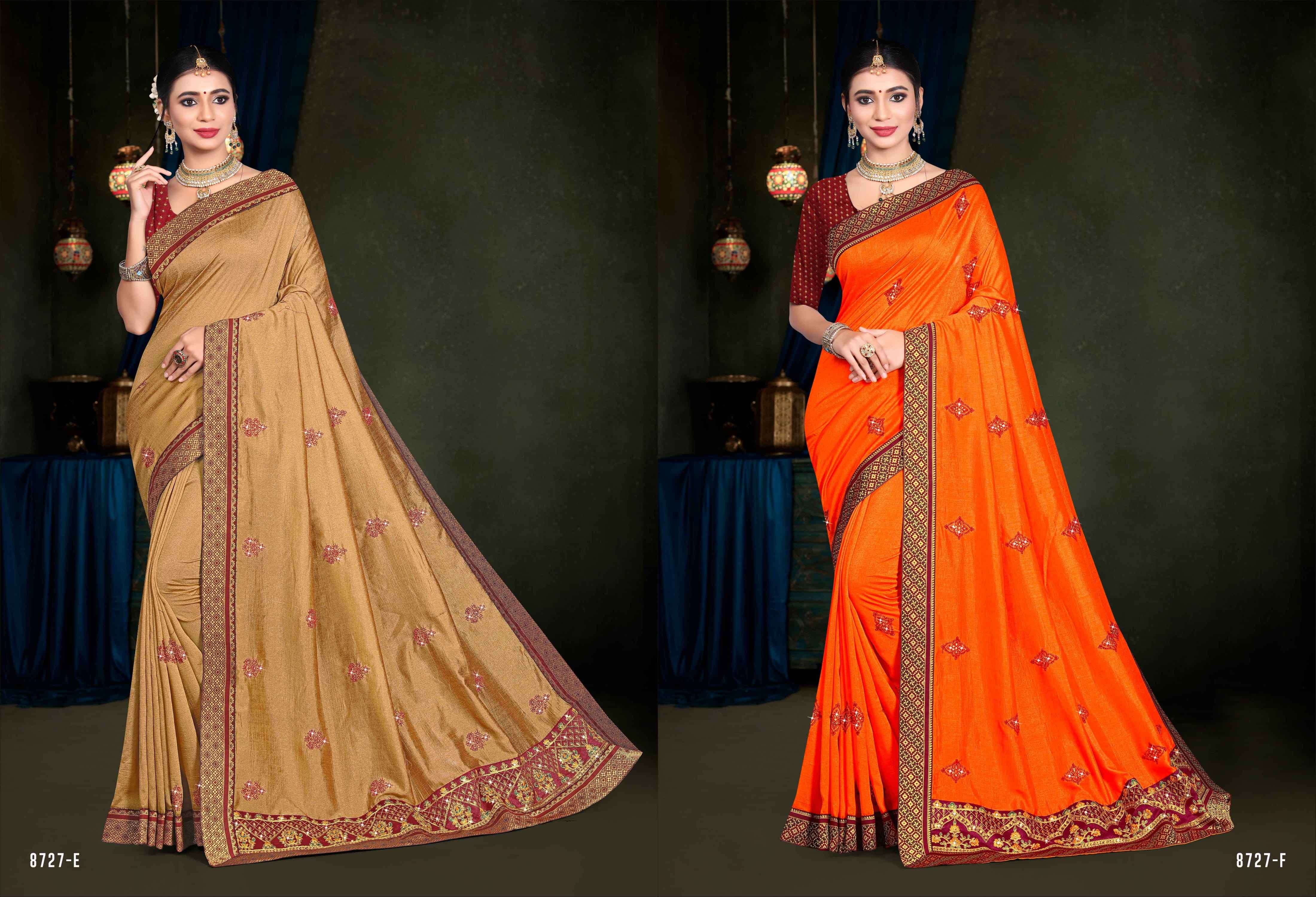 RAM NAGRI BY INDIAN WOMEN 8727-A TO 8727-F SERIES INDIAN TRADITIONAL WEAR COLLECTION BEAUTIFUL STYLISH FANCY COLORFUL PARTY WEAR & OCCASIONAL WEAR VICHITRA SILK SAREES AT WHOLESALE PRICE
