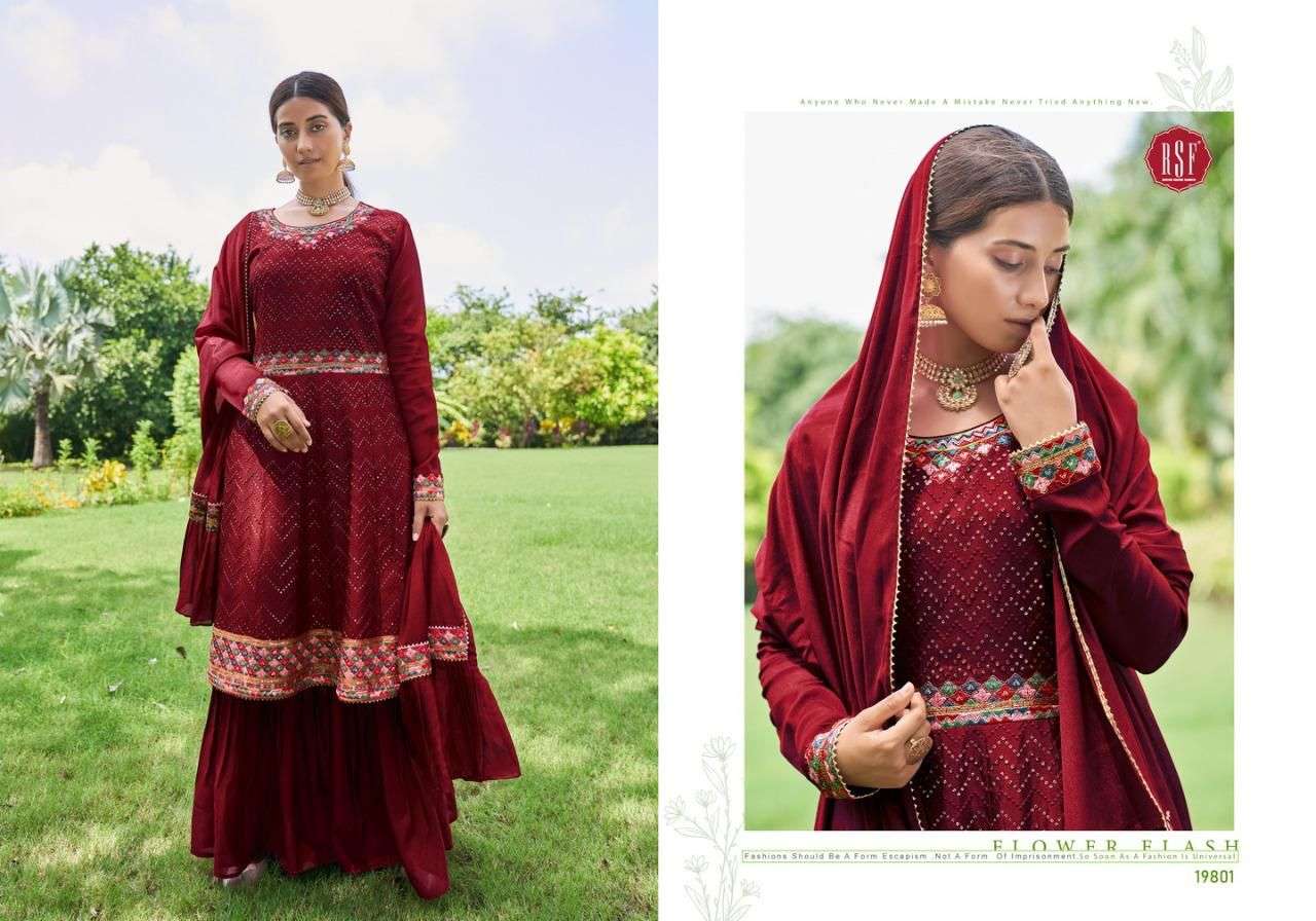 SABHYA BY RIDDHI SIDDHI FASHION 19801 TO 19804 SERIES BEAUTIFUL STYLISH SHARARA SUITS FANCY COLORFUL CASUAL WEAR & ETHNIC WEAR & READY TO WEAR PURE CHINNON SILK DRESSES AT WHOLESALE PRICE