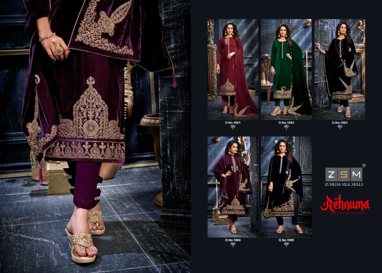 REHNUMA BY ZSM 1001 TO 1005 SERIES BEAUTIFUL STYLISH SUITS FANCY COLORFUL CASUAL WEAR & ETHNIC WEAR & READY TO WEAR PURE VELVET DRESSES AT WHOLESALE PRICE