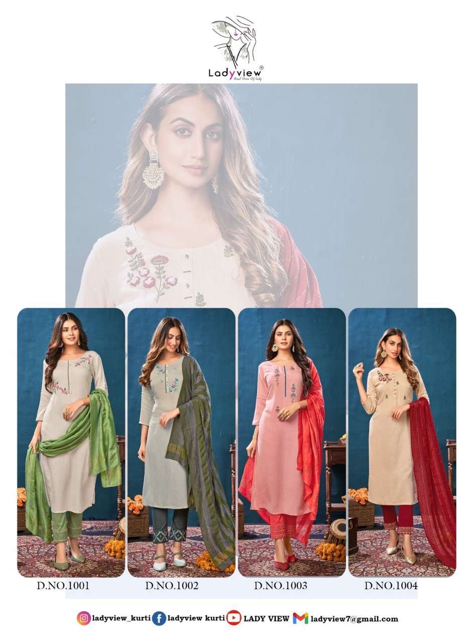 SARANGI BY LADY VIEW 1001 TO 1004 SERIES BEAUTIFUL SUITS COLORFUL STYLISH FANCY CASUAL WEAR & ETHNIC WEAR VISCOSE WITH WORK DRESSES AT WHOLESALE PRICE