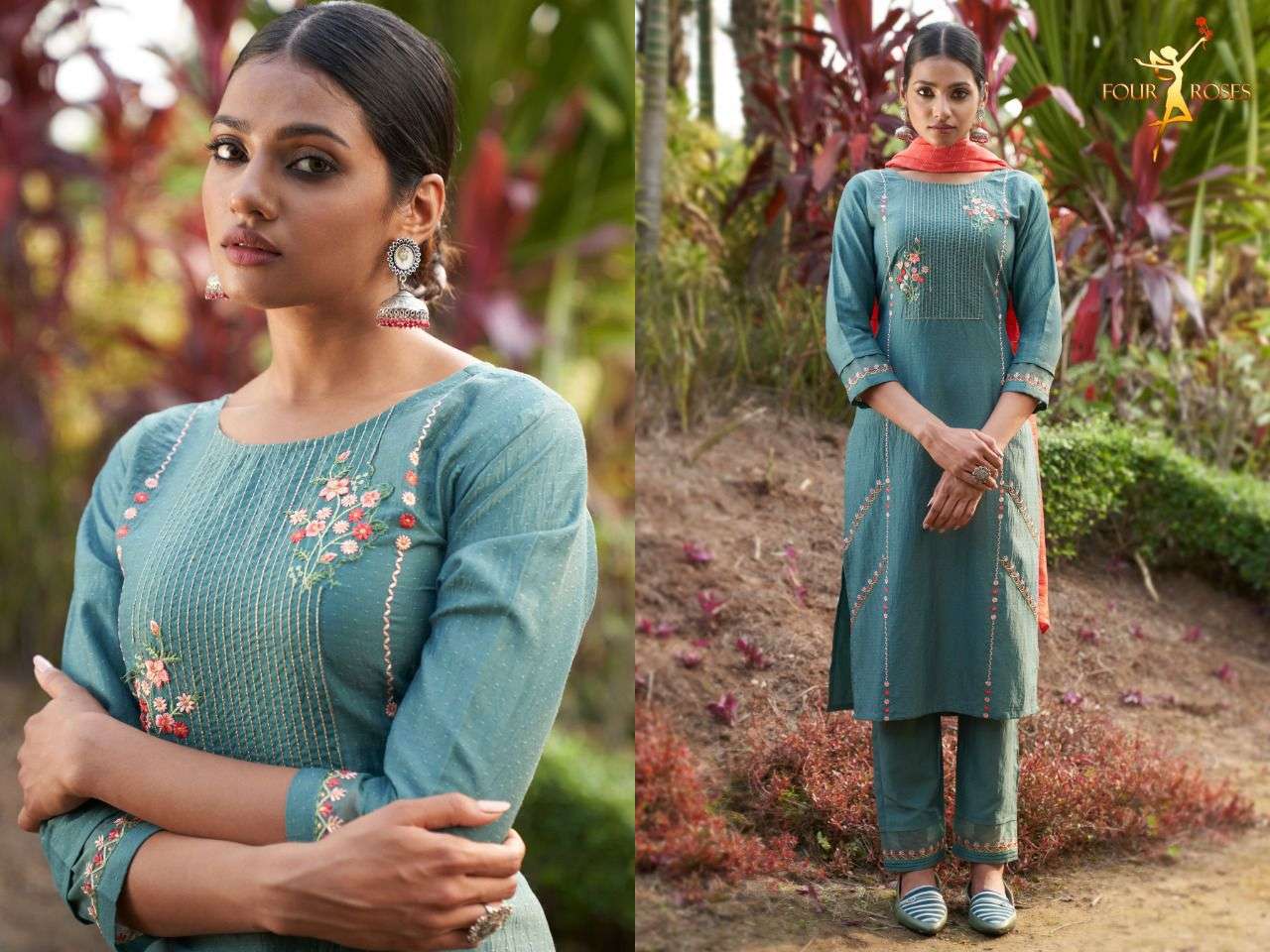 RUHAANIYAT BY FOUR ROSES 1001 TO 1006 SERIES BEAUTIFUL SUITS COLORFUL STYLISH FANCY CASUAL WEAR & ETHNIC WEAR CHINNON EMBROIDERED DRESSES AT WHOLESALE PRICE
