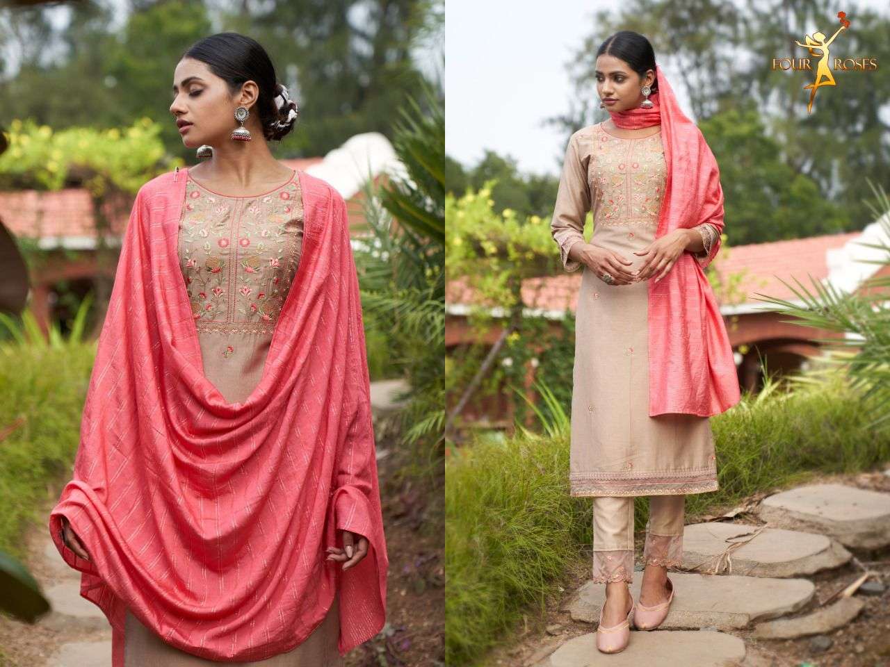 RUHAANIYAT BY FOUR ROSES 1001 TO 1006 SERIES BEAUTIFUL SUITS COLORFUL STYLISH FANCY CASUAL WEAR & ETHNIC WEAR CHINNON EMBROIDERED DRESSES AT WHOLESALE PRICE