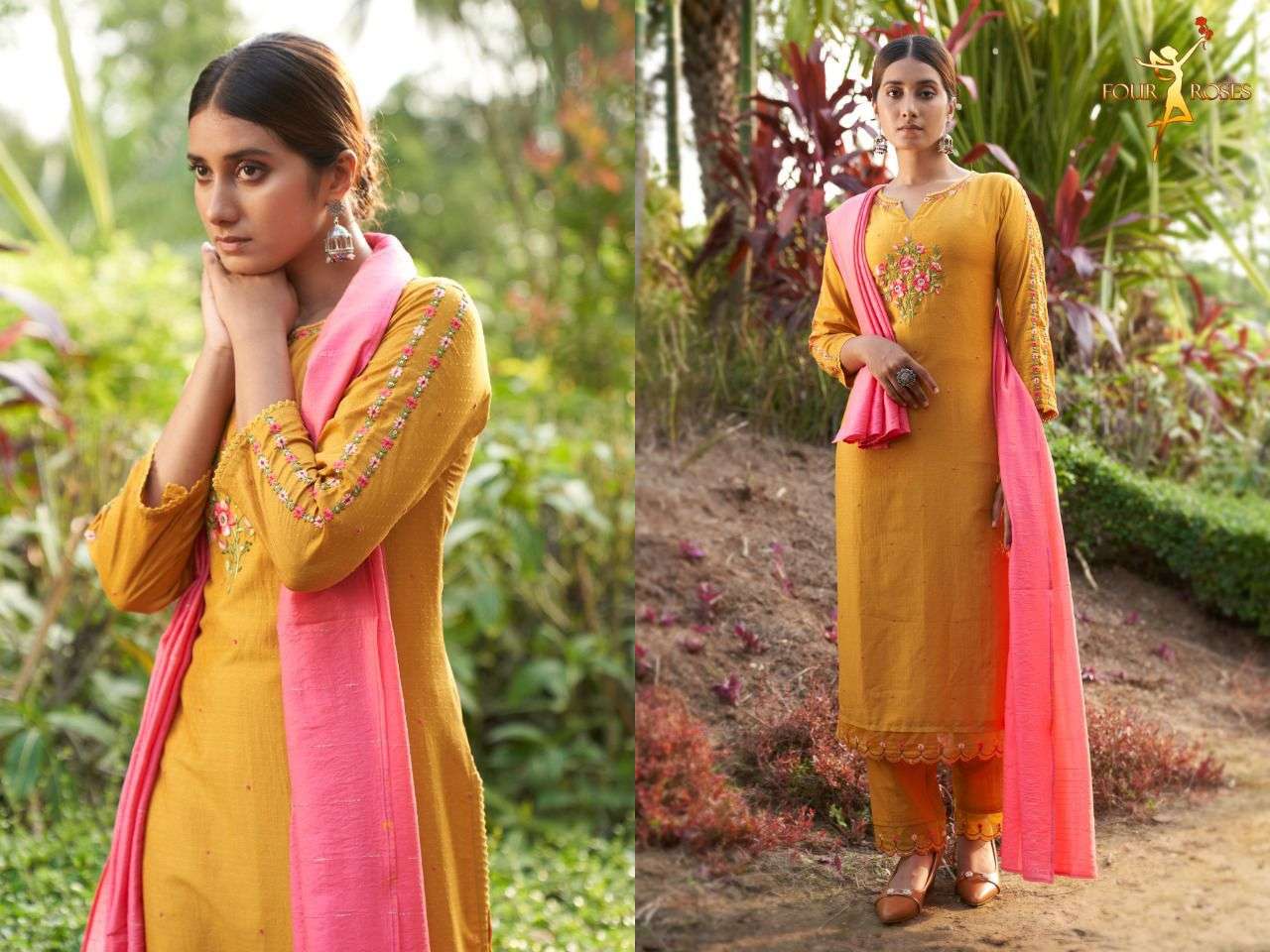 RUHAANIYAT BY FOUR ROSES 1001 TO 1006 SERIES BEAUTIFUL SUITS COLORFUL STYLISH FANCY CASUAL WEAR & ETHNIC WEAR CHINNON EMBROIDERED DRESSES AT WHOLESALE PRICE