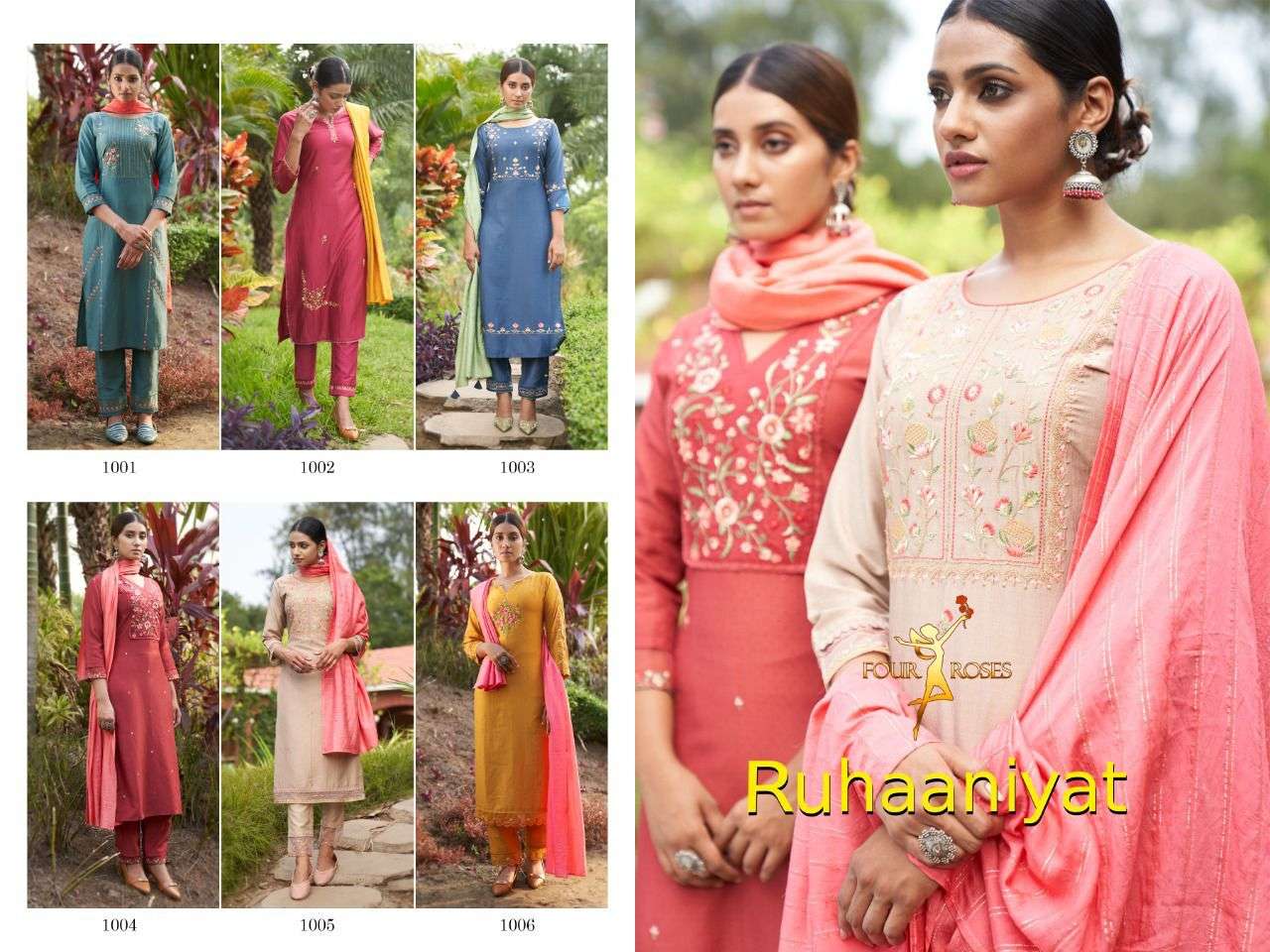 RUHAANIYAT BY FOUR ROSES 1001 TO 1006 SERIES BEAUTIFUL SUITS COLORFUL STYLISH FANCY CASUAL WEAR & ETHNIC WEAR CHINNON EMBROIDERED DRESSES AT WHOLESALE PRICE