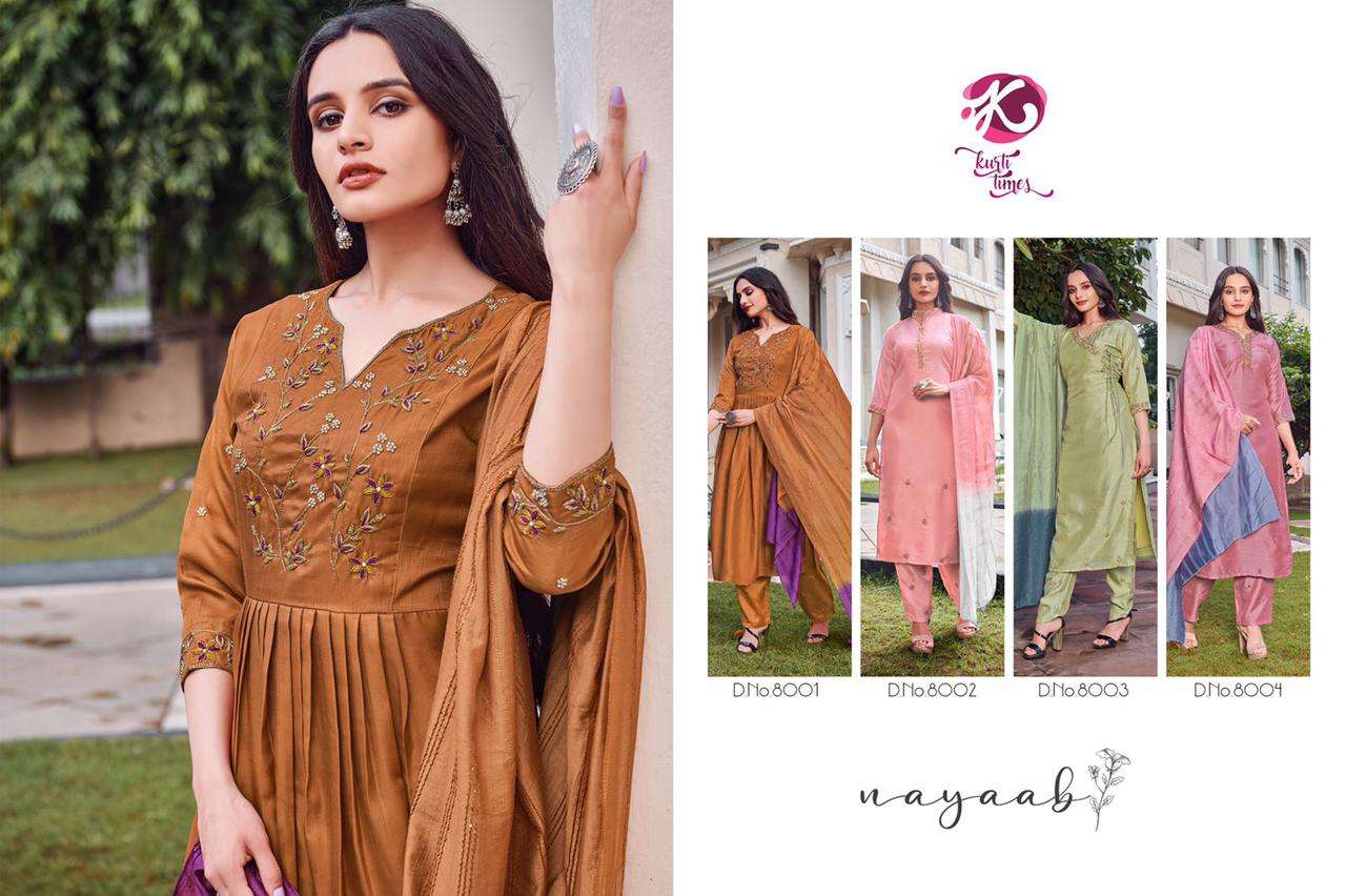 NAYAAB BY KURTI TIMES 8001 TO 8004 SERIES BEAUTIFUL SUITS COLORFUL STYLISH FANCY CASUAL WEAR & ETHNIC WEAR SILK WITH WORK DRESSES AT WHOLESALE PRICE