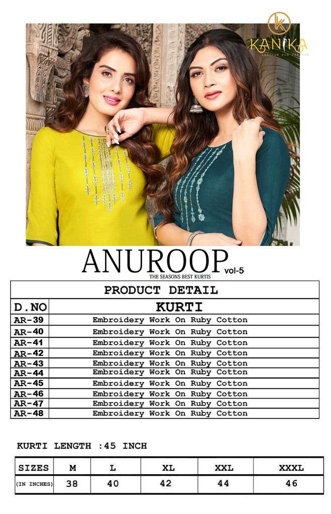 ANUROOP VOL-5 BY KANIKA 39 TO 48 SERIES DESIGNER STYLISH FANCY COLORFUL BEAUTIFUL PARTY WEAR & ETHNIC WEAR COLLECTION RUBY SILK EMBROIDERY KURTIS AT WHOLESALE PRICE