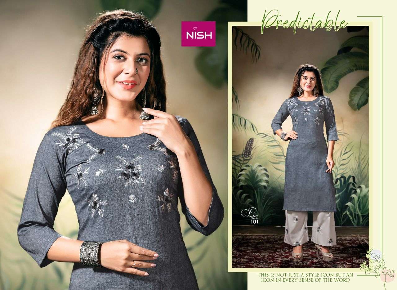 DENIM DARIES BY NISH 101 TO 106 SERIES DESIGNER STYLISH FANCY COLORFUL BEAUTIFUL PARTY WEAR & ETHNIC WEAR COLLECTION DENIM LYCRA KURTIS WITH BOTTOM AT WHOLESALE PRICE