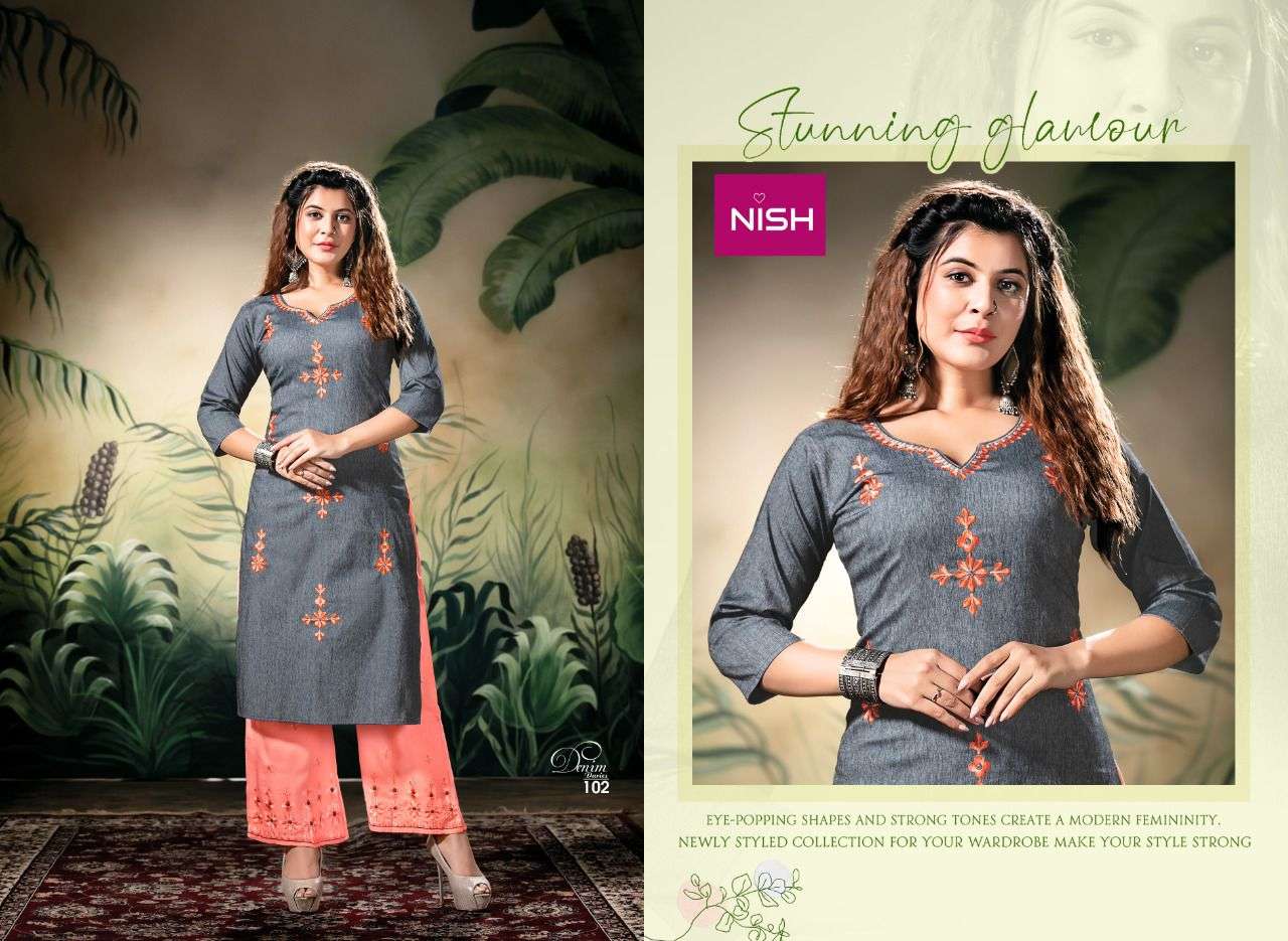 DENIM DARIES BY NISH 101 TO 106 SERIES DESIGNER STYLISH FANCY COLORFUL BEAUTIFUL PARTY WEAR & ETHNIC WEAR COLLECTION DENIM LYCRA KURTIS WITH BOTTOM AT WHOLESALE PRICE