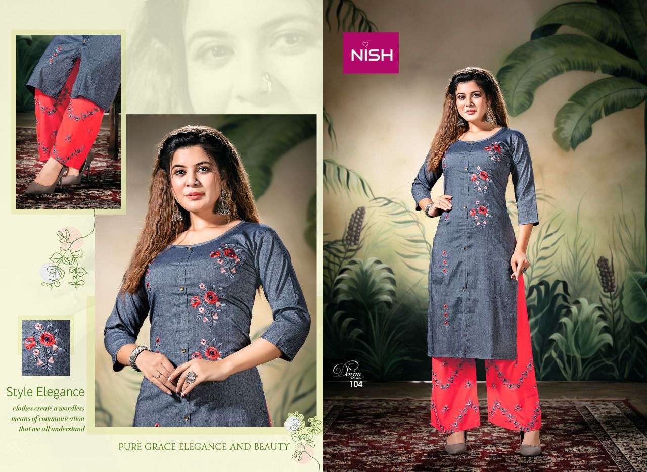 DENIM DARIES BY NISH 101 TO 106 SERIES DESIGNER STYLISH FANCY COLORFUL BEAUTIFUL PARTY WEAR & ETHNIC WEAR COLLECTION DENIM LYCRA KURTIS WITH BOTTOM AT WHOLESALE PRICE