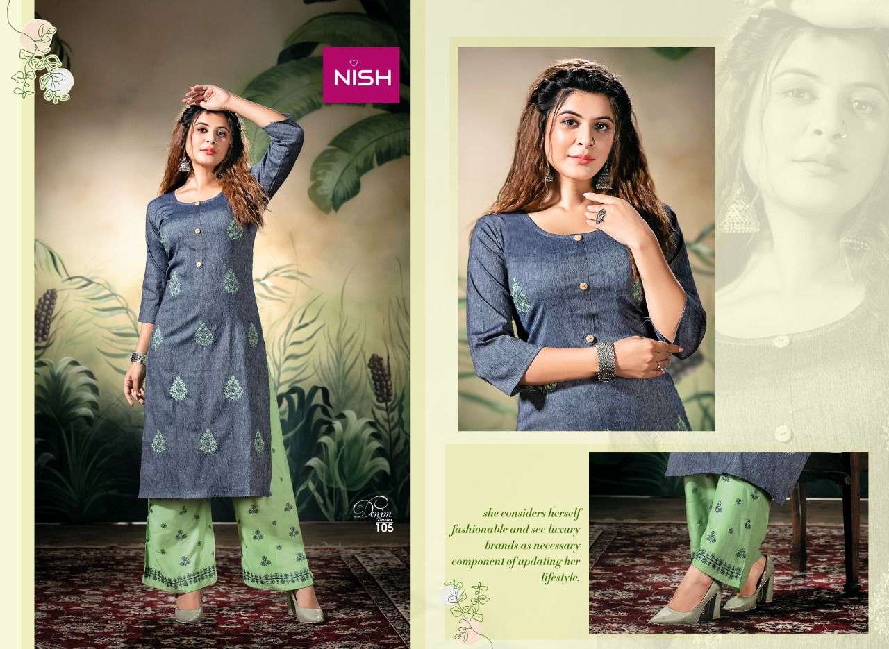 DENIM DARIES BY NISH 101 TO 106 SERIES DESIGNER STYLISH FANCY COLORFUL BEAUTIFUL PARTY WEAR & ETHNIC WEAR COLLECTION DENIM LYCRA KURTIS WITH BOTTOM AT WHOLESALE PRICE