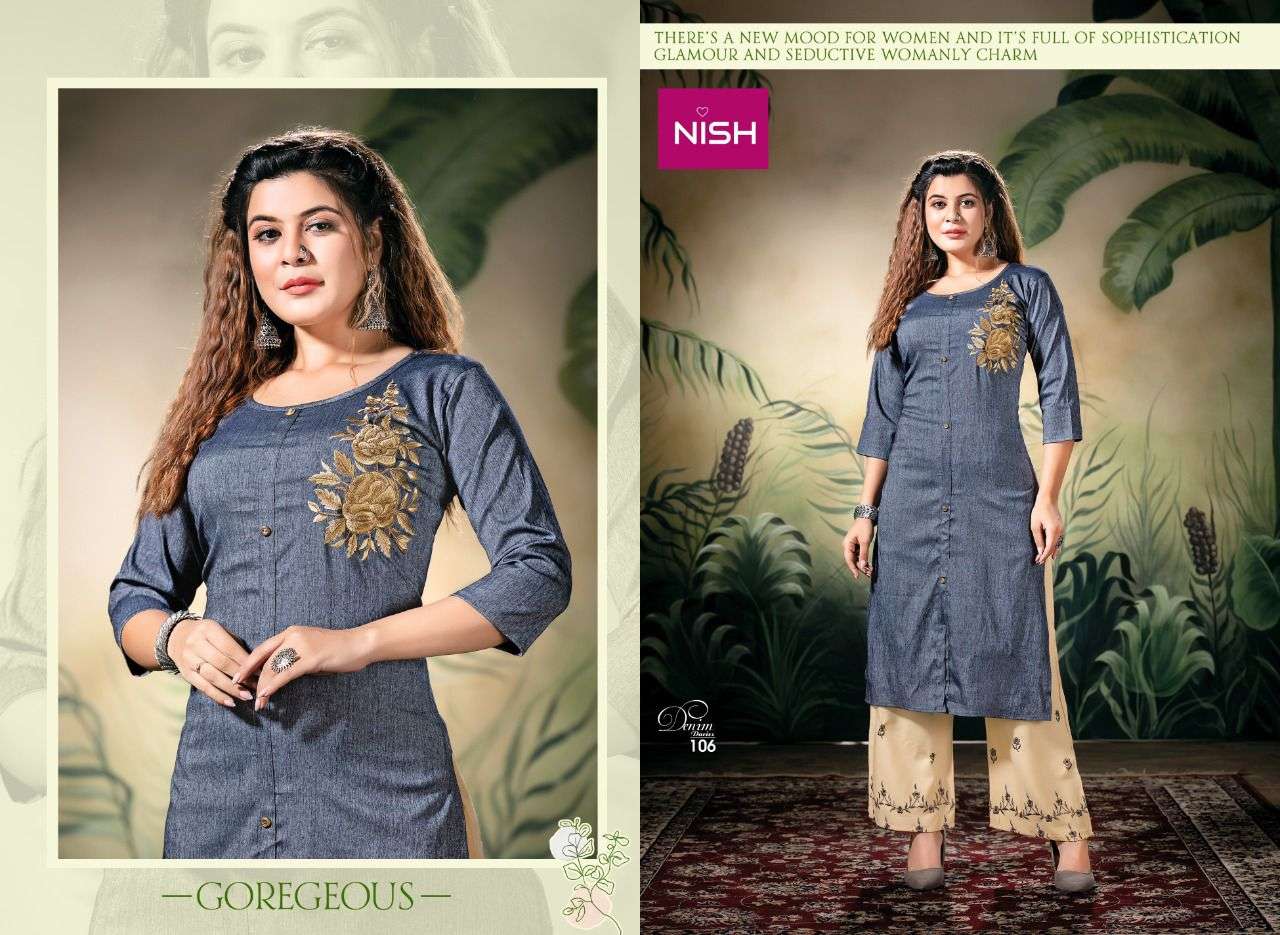 DENIM DARIES BY NISH 101 TO 106 SERIES DESIGNER STYLISH FANCY COLORFUL BEAUTIFUL PARTY WEAR & ETHNIC WEAR COLLECTION DENIM LYCRA KURTIS WITH BOTTOM AT WHOLESALE PRICE