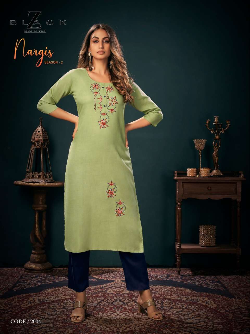 NARGIS VOL-2 BY Z BLACK 2001 TO 2006 SERIES DESIGNER STYLISH FANCY COLORFUL BEAUTIFUL PARTY WEAR & ETHNIC WEAR COLLECTION RAYON EMBROIDERY KURTIS WITH BOTTOM AT WHOLESALE PRICE