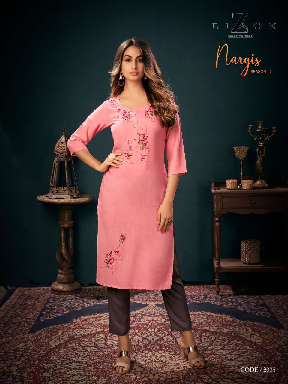 NARGIS VOL-2 BY Z BLACK 2001 TO 2006 SERIES DESIGNER STYLISH FANCY COLORFUL BEAUTIFUL PARTY WEAR & ETHNIC WEAR COLLECTION RAYON EMBROIDERY KURTIS WITH BOTTOM AT WHOLESALE PRICE