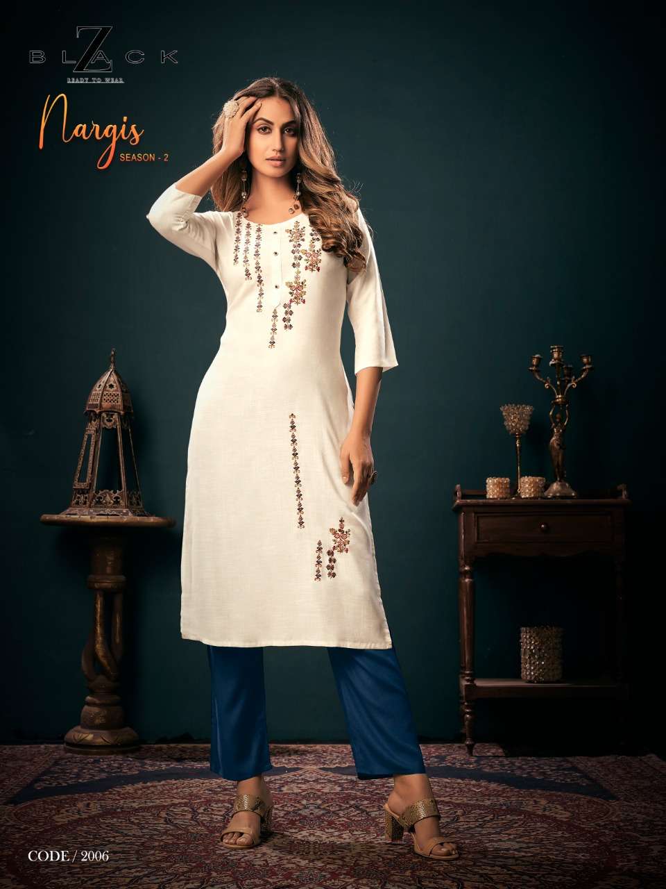 NARGIS VOL-2 BY Z BLACK 2001 TO 2006 SERIES DESIGNER STYLISH FANCY COLORFUL BEAUTIFUL PARTY WEAR & ETHNIC WEAR COLLECTION RAYON EMBROIDERY KURTIS WITH BOTTOM AT WHOLESALE PRICE