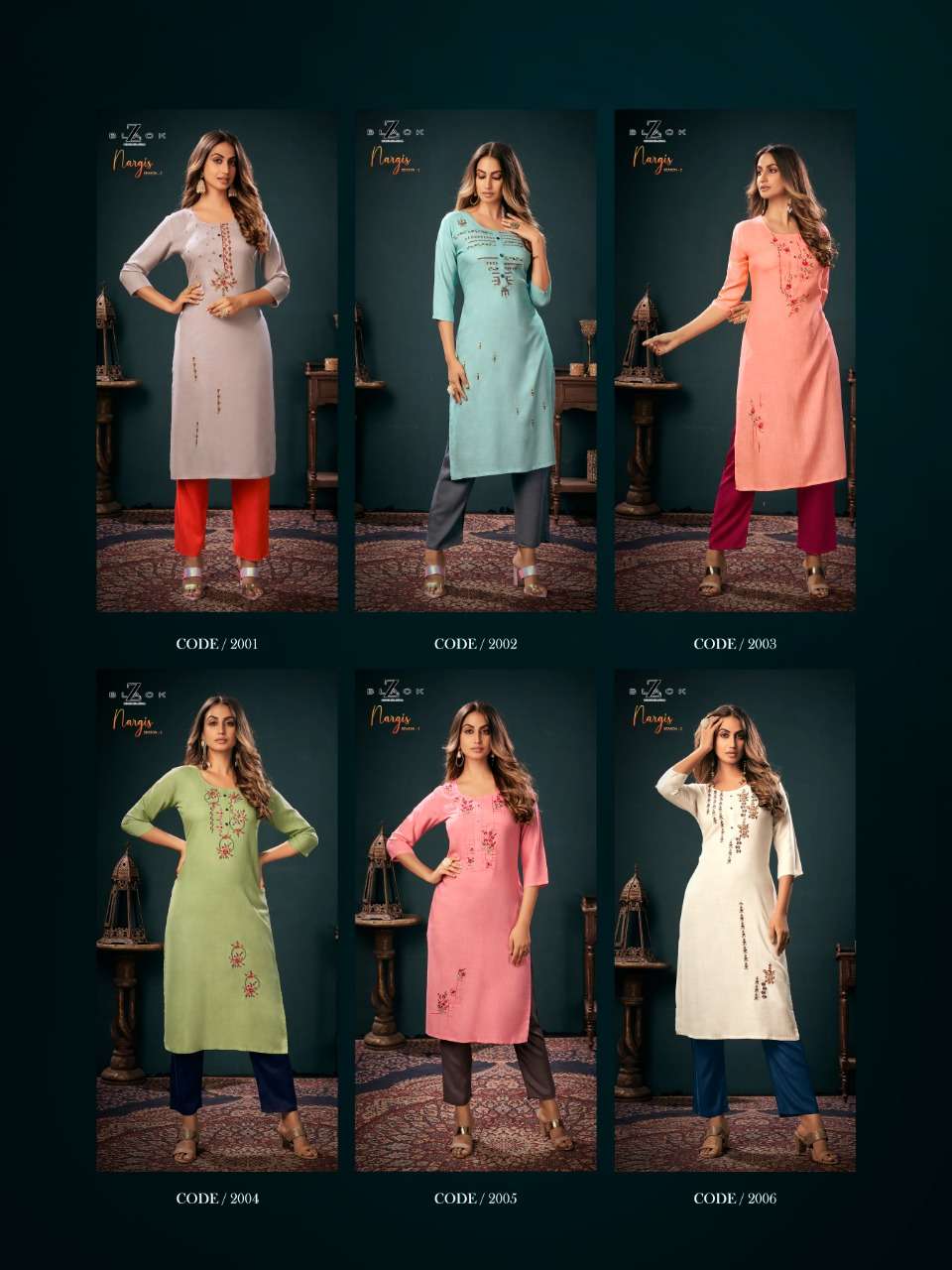 NARGIS VOL-2 BY Z BLACK 2001 TO 2006 SERIES DESIGNER STYLISH FANCY COLORFUL BEAUTIFUL PARTY WEAR & ETHNIC WEAR COLLECTION RAYON EMBROIDERY KURTIS WITH BOTTOM AT WHOLESALE PRICE