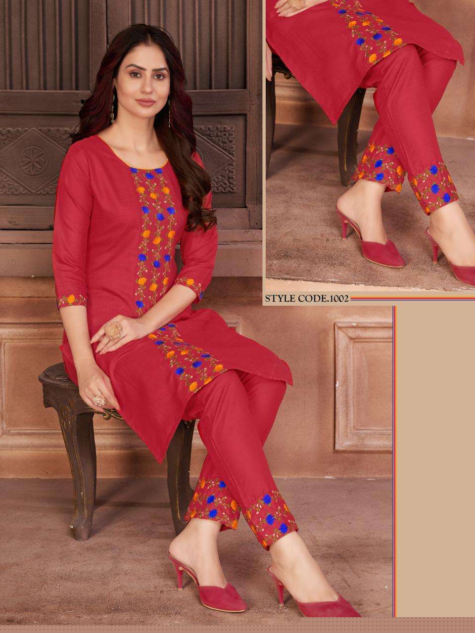 WOMEN BY RAZZO EXPORTS 1001 TO 1005 SERIES DESIGNER STYLISH FANCY COLORFUL BEAUTIFUL PARTY WEAR & ETHNIC WEAR COLLECTION RUBY COTTON EMBROIDERY KURTIS AT WHOLESALE PRICE