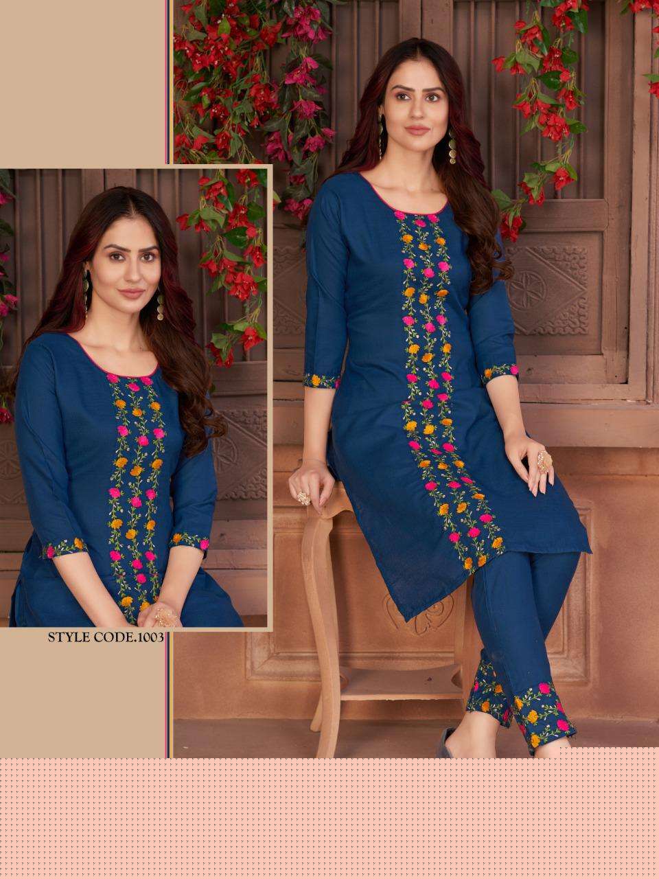WOMEN BY RAZZO EXPORTS 1001 TO 1005 SERIES DESIGNER STYLISH FANCY COLORFUL BEAUTIFUL PARTY WEAR & ETHNIC WEAR COLLECTION RUBY COTTON EMBROIDERY KURTIS AT WHOLESALE PRICE