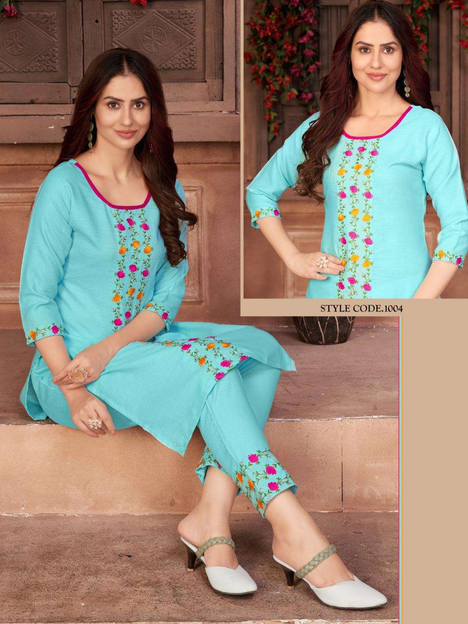 WOMEN BY RAZZO EXPORTS 1001 TO 1005 SERIES DESIGNER STYLISH FANCY COLORFUL BEAUTIFUL PARTY WEAR & ETHNIC WEAR COLLECTION RUBY COTTON EMBROIDERY KURTIS AT WHOLESALE PRICE