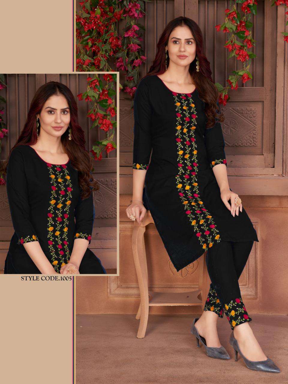 WOMEN BY RAZZO EXPORTS 1001 TO 1005 SERIES DESIGNER STYLISH FANCY COLORFUL BEAUTIFUL PARTY WEAR & ETHNIC WEAR COLLECTION RUBY COTTON EMBROIDERY KURTIS AT WHOLESALE PRICE