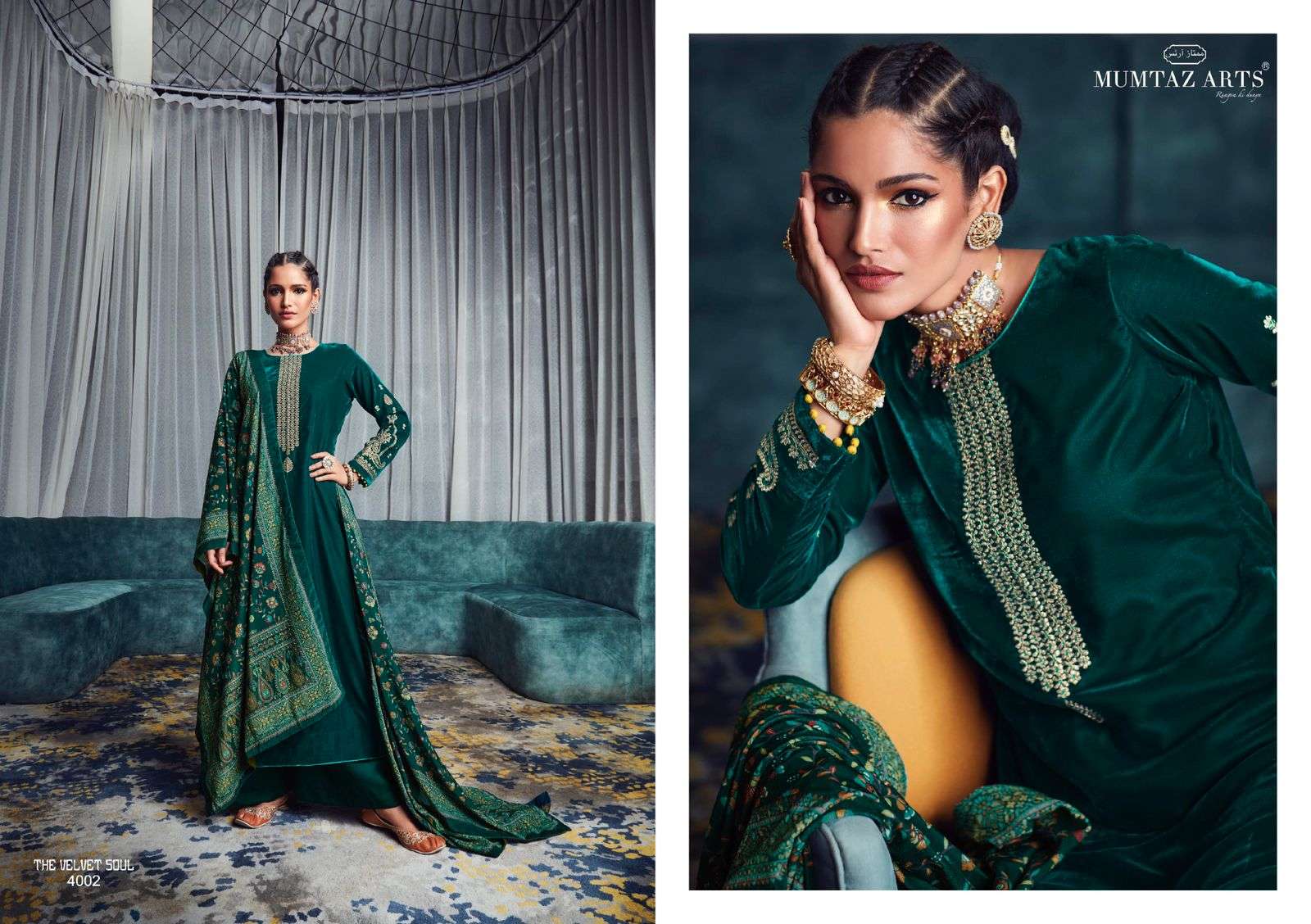 THE VELVET SOUL VOL-4 BY MUMTAZ ARTS 4001 TO 4006 SERIES BEAUTIFUL SUITS COLORFUL STYLISH FANCY CASUAL WEAR & ETHNIC WEAR PURE VELVET EMBROIDERED DRESSES AT WHOLESALE PRICE