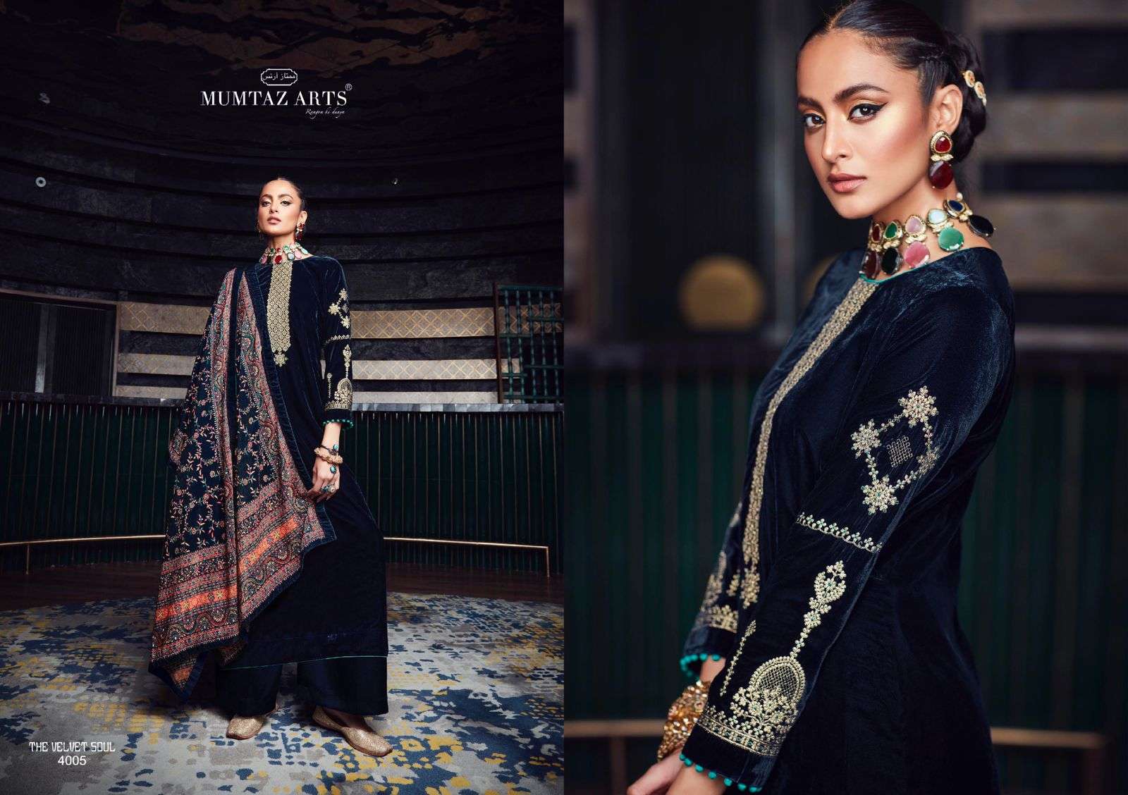 THE VELVET SOUL VOL-4 BY MUMTAZ ARTS 4001 TO 4006 SERIES BEAUTIFUL SUITS COLORFUL STYLISH FANCY CASUAL WEAR & ETHNIC WEAR PURE VELVET EMBROIDERED DRESSES AT WHOLESALE PRICE