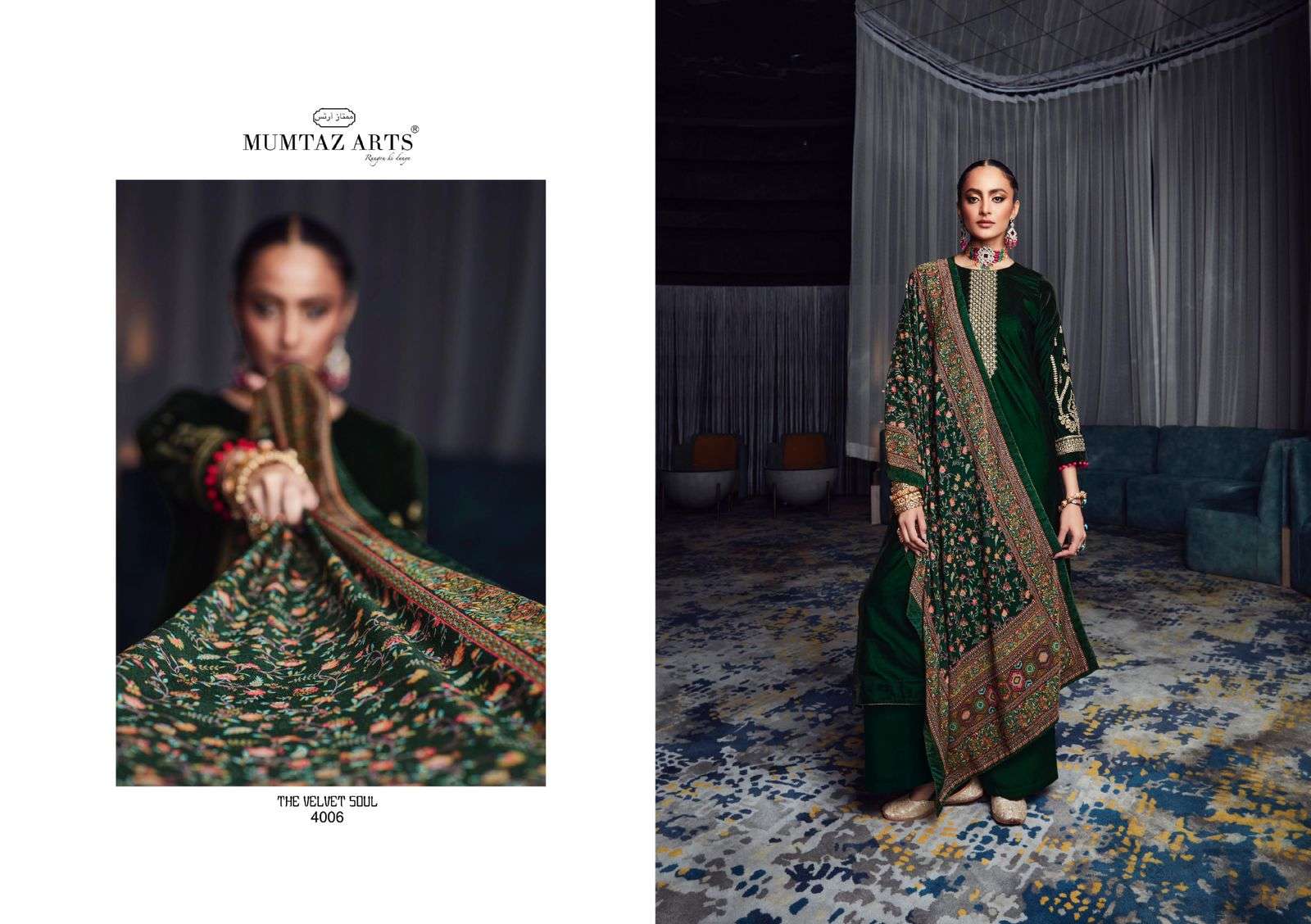 THE VELVET SOUL VOL-4 BY MUMTAZ ARTS 4001 TO 4006 SERIES BEAUTIFUL SUITS COLORFUL STYLISH FANCY CASUAL WEAR & ETHNIC WEAR PURE VELVET EMBROIDERED DRESSES AT WHOLESALE PRICE