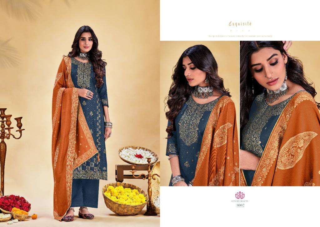 NIKHAR VOL-8 BY SHIVANG INTERNATIONAL 8001 TO 8008 SERIES BEAUTIFUL STYLISH SUITS FANCY COLORFUL CASUAL WEAR & ETHNIC WEAR & READY TO WEAR PASHMINA VISCOSE JACQUARD DRESSES AT WHOLESALE PRICE