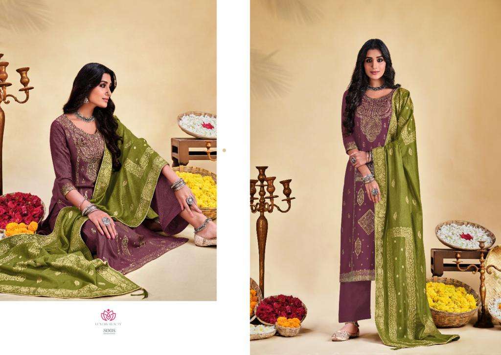 NIKHAR VOL-8 BY SHIVANG INTERNATIONAL 8001 TO 8008 SERIES BEAUTIFUL STYLISH SUITS FANCY COLORFUL CASUAL WEAR & ETHNIC WEAR & READY TO WEAR PASHMINA VISCOSE JACQUARD DRESSES AT WHOLESALE PRICE