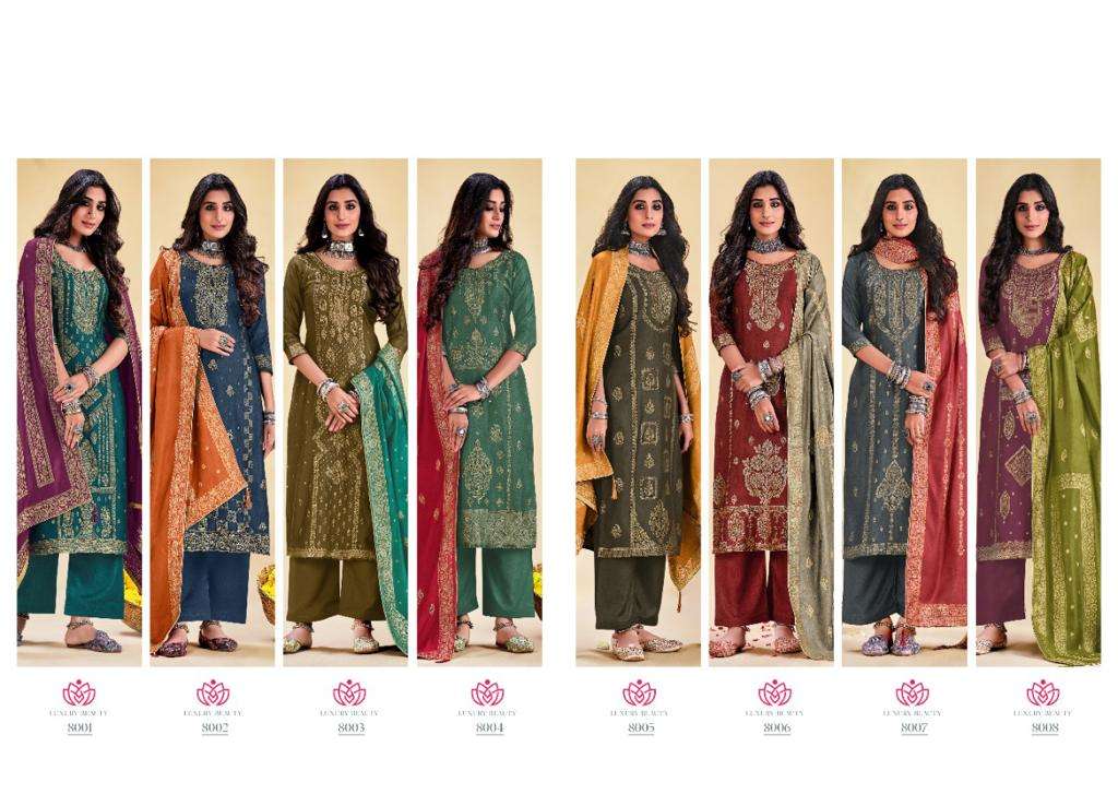 NIKHAR VOL-8 BY SHIVANG INTERNATIONAL 8001 TO 8008 SERIES BEAUTIFUL STYLISH SUITS FANCY COLORFUL CASUAL WEAR & ETHNIC WEAR & READY TO WEAR PASHMINA VISCOSE JACQUARD DRESSES AT WHOLESALE PRICE