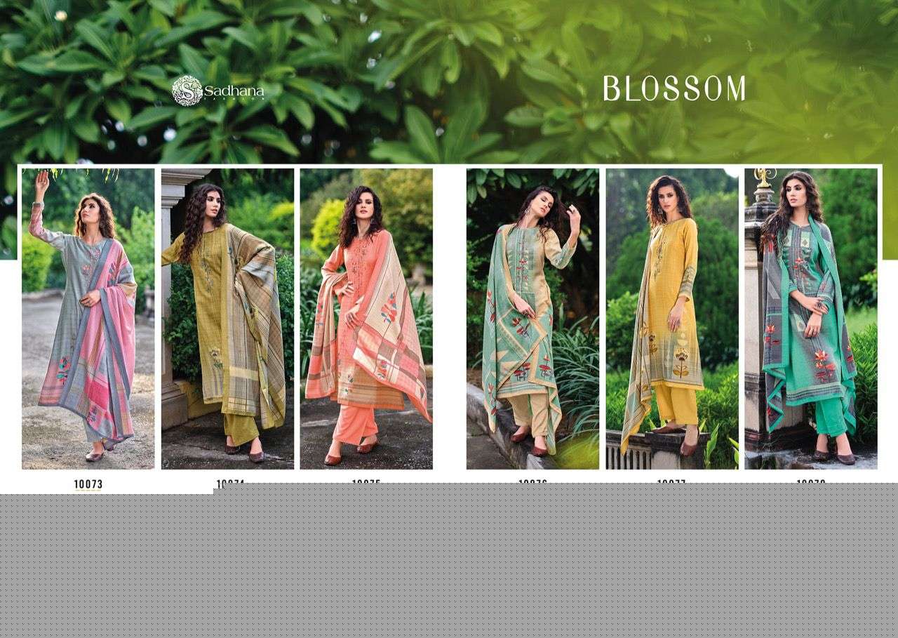 BLOSSOM BY SADHANA FASHION 10073 TO 10078 SERIES BEAUTIFUL STYLISH SUITS FANCY COLORFUL CASUAL WEAR & ETHNIC WEAR & READY TO WEAR PURE PASHMINA PRINTED DRESSES AT WHOLESALE PRICE