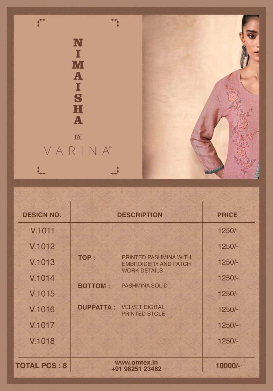 NIMAISHA BY VARINA 1011 TO 1018 SERIES BEAUTIFUL SUITS COLORFUL STYLISH FANCY CASUAL WEAR & ETHNIC WEAR PASHMINA PRINT DRESSES AT WHOLESALE PRICE