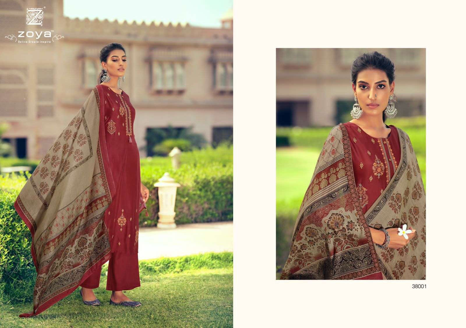 ELEGANCE VOL-2 BY ZOYA 38001 TO 38005 SERIES BEAUTIFUL SUITS COLORFUL STYLISH FANCY CASUAL WEAR & ETHNIC WEAR FANCY DRESSES AT WHOLESALE PRICE