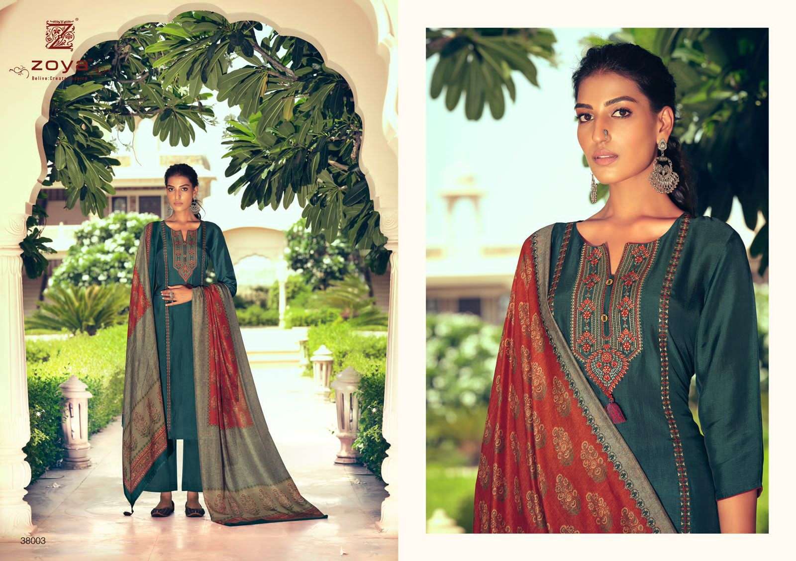ELEGANCE VOL-2 BY ZOYA 38001 TO 38005 SERIES BEAUTIFUL SUITS COLORFUL STYLISH FANCY CASUAL WEAR & ETHNIC WEAR FANCY DRESSES AT WHOLESALE PRICE